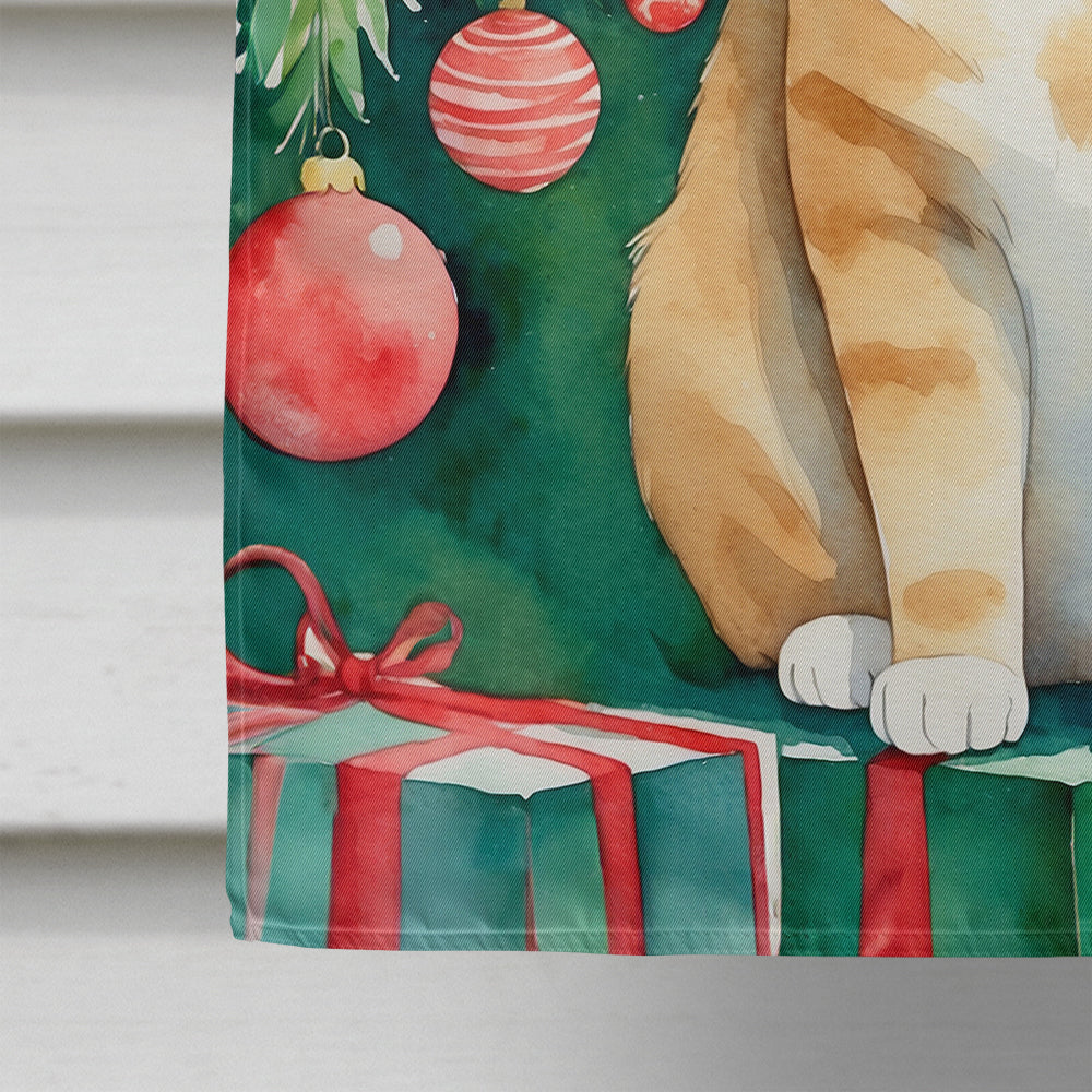 Malayan Cat By the Christmas Tree House Flag 28x40 Porch Sleeve Pole Decorative Outside Yard Banner Artwork Wall Hanging, Polyester