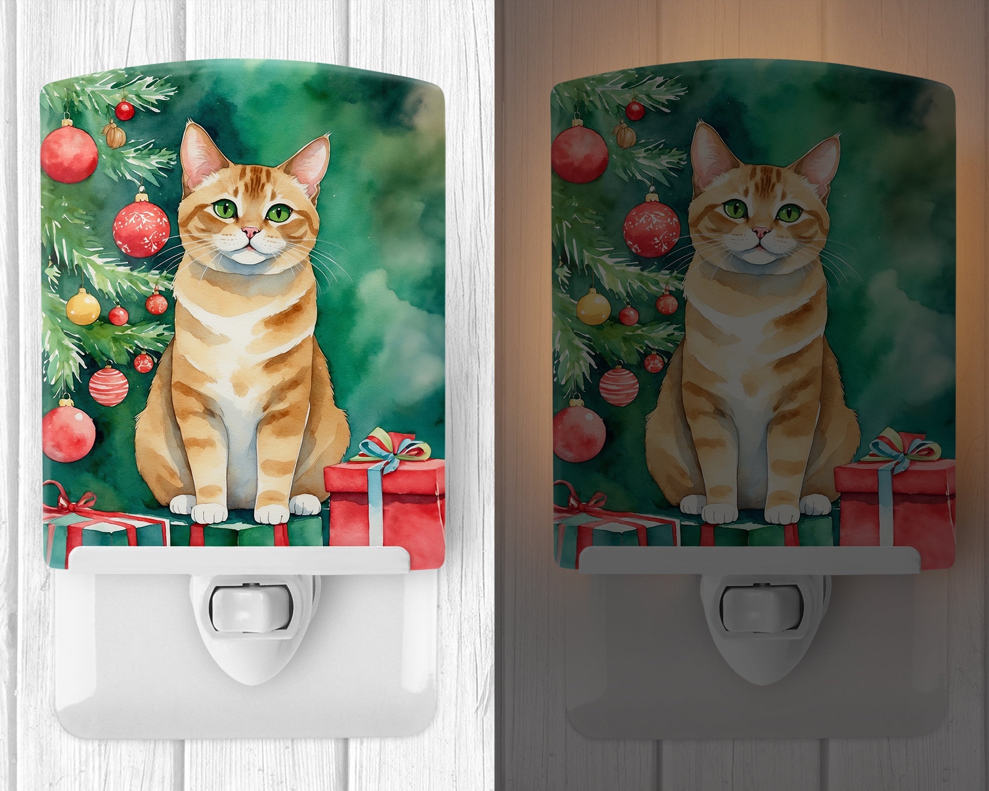 Malayan Cat By the Christmas Tree Ceramic Night Light Compact, UL-Certified, Ideal for Bedroom, Bathroom, Nursery, Hallway, Kitchen, 6x4x3, Multicolor