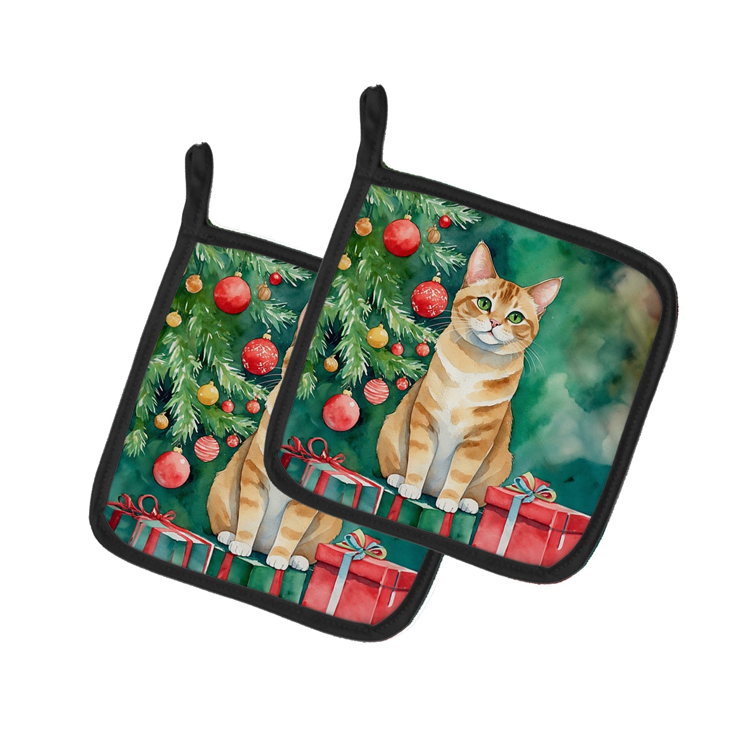 Malayan Cat By the Christmas Tree Pot Holder Set of 2 Heat Resistant Quilted Hot Pads 7.5 x 7.5 Inch, Insulated Kitchen Trivets for Cooking & Baking