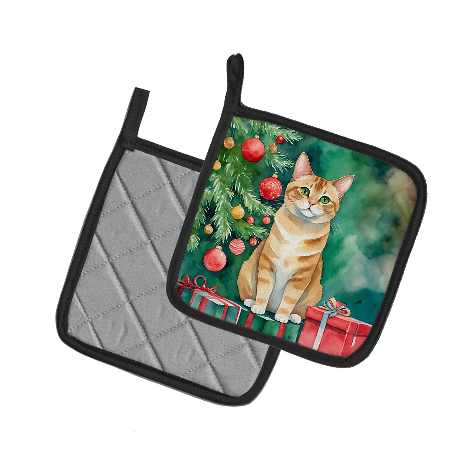 Malayan Cat By the Christmas Tree Pot Holder Set of 2 Heat Resistant Quilted Hot Pads 7.5 x 7.5 Inch, Insulated Kitchen Trivets for Cooking & Baking