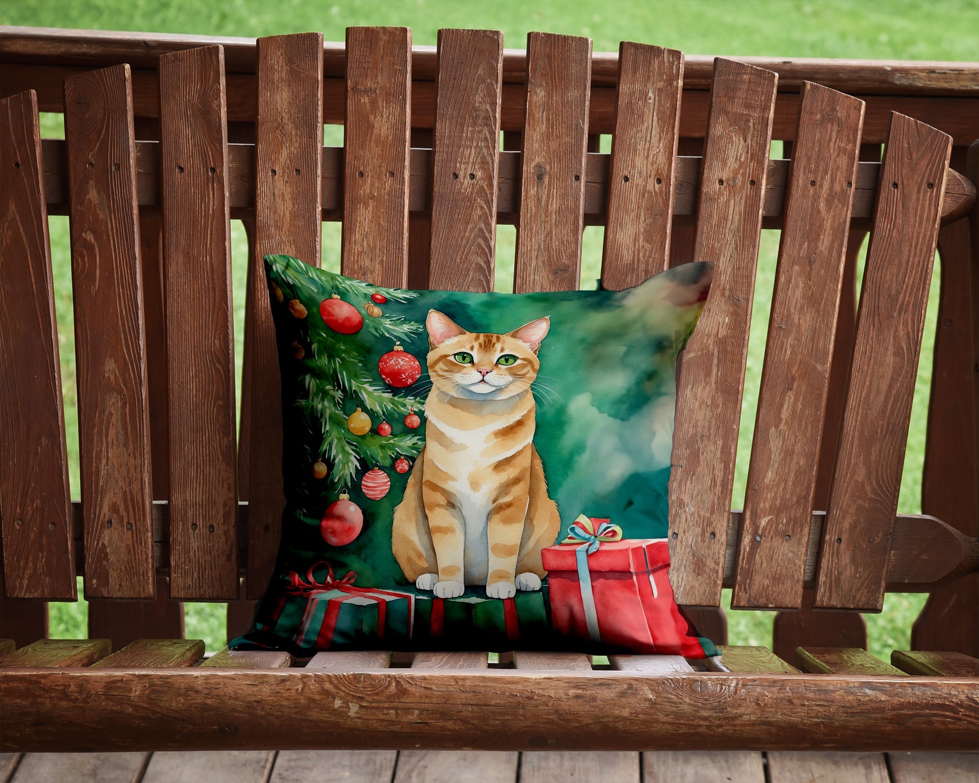 Malayan Cat By the Christmas Tree Decorative Throw Pillow 14x14 Indoor Outdoor Accent Cushion, Fabric Cover with Insert for Sofa, Bed, Porch & Living Room