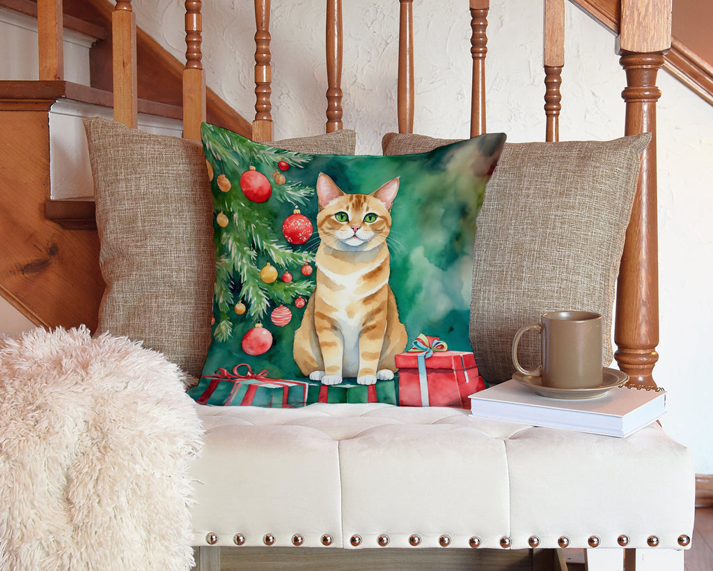 Malayan Cat By the Christmas Tree Decorative Throw Pillow 14x14 Indoor Outdoor Accent Cushion, Fabric Cover with Insert for Sofa, Bed, Porch & Living Room