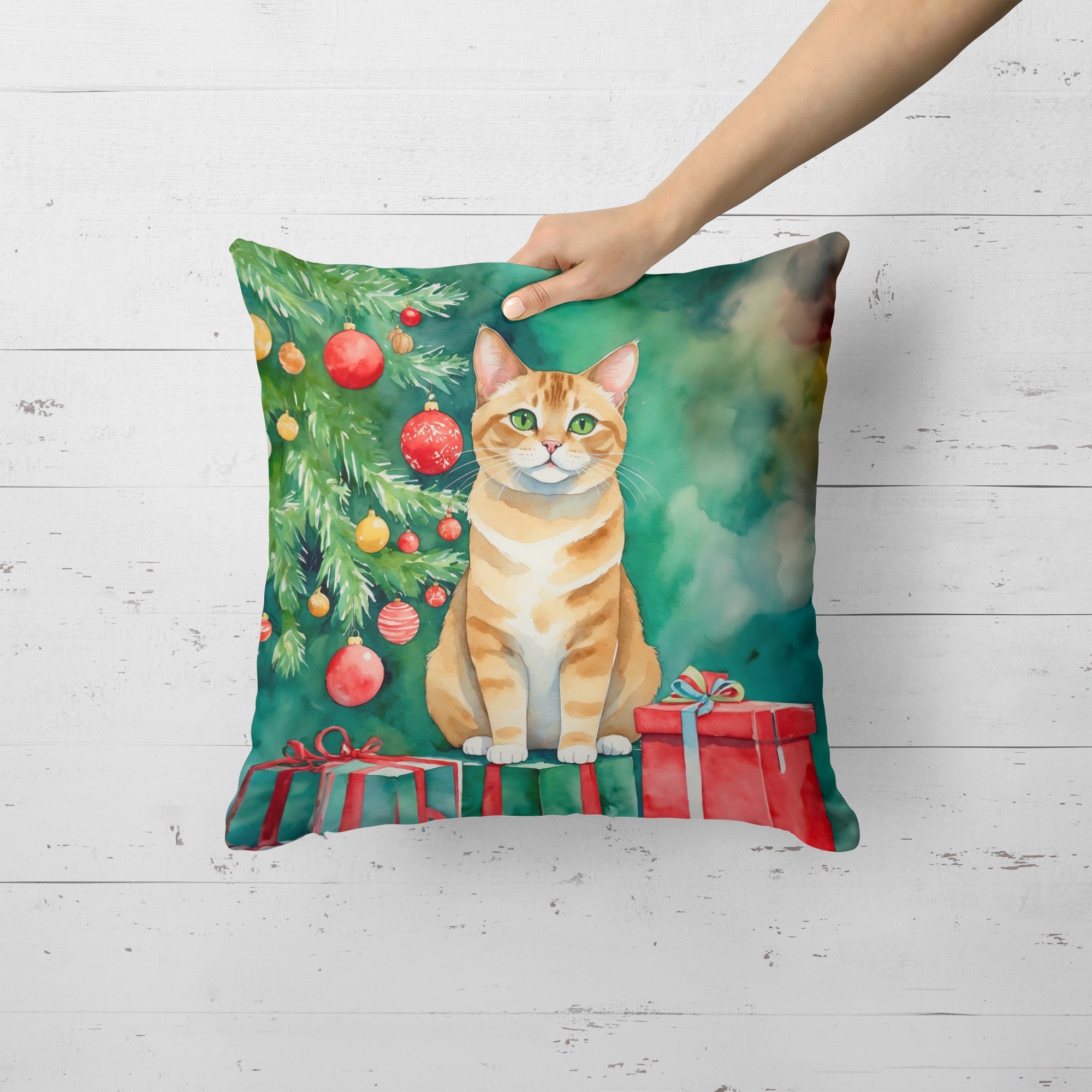 Malayan Cat By the Christmas Tree Decorative Throw Pillow 18x18 Indoor Outdoor Accent Cushion, Fabric Cover with Insert for Sofa, Bed, Porch & Living Room