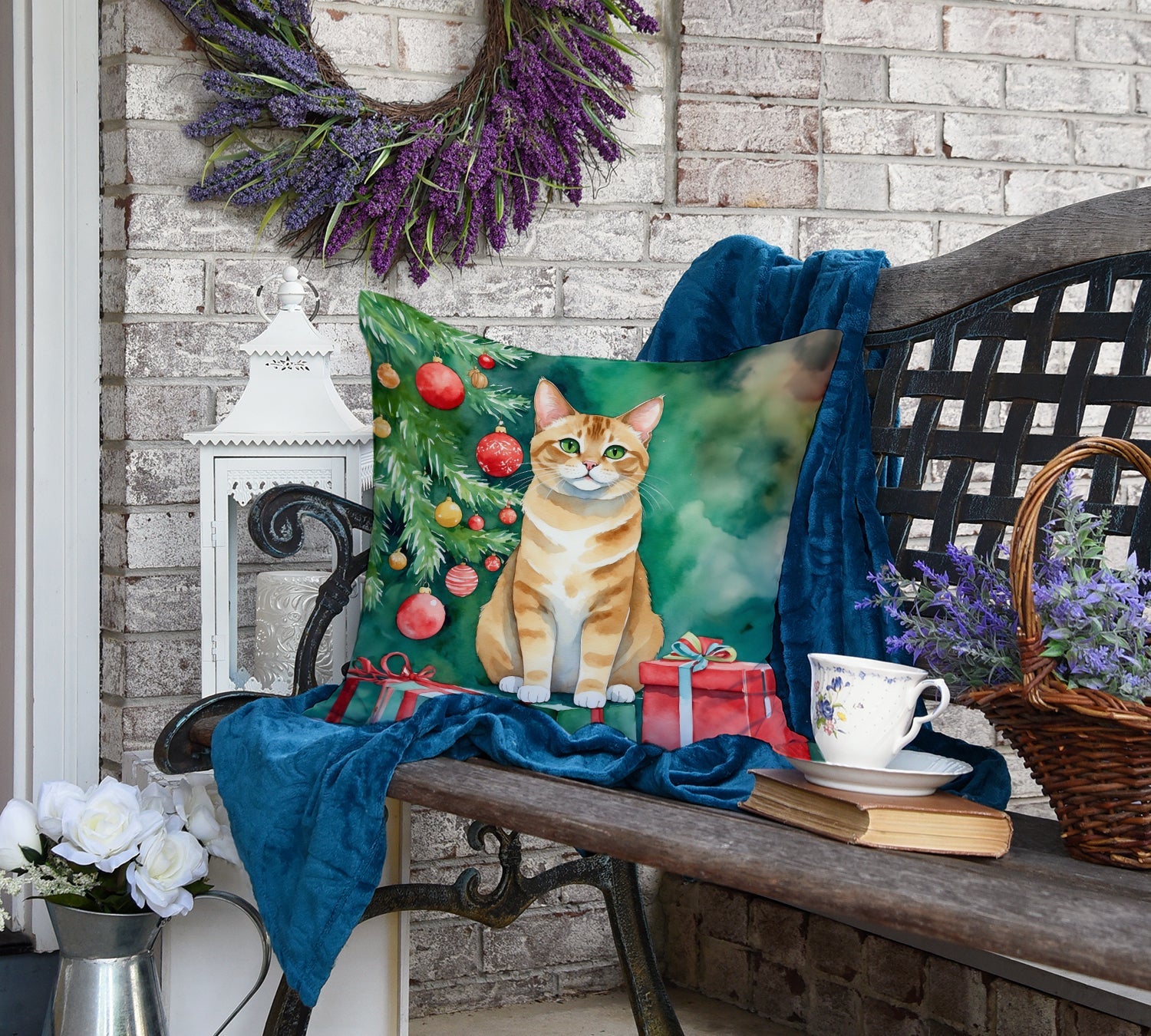 Malayan Cat By the Christmas Tree Decorative Throw Pillow 18x18 Indoor Outdoor Accent Cushion, Fabric Cover with Insert for Sofa, Bed, Porch & Living Room