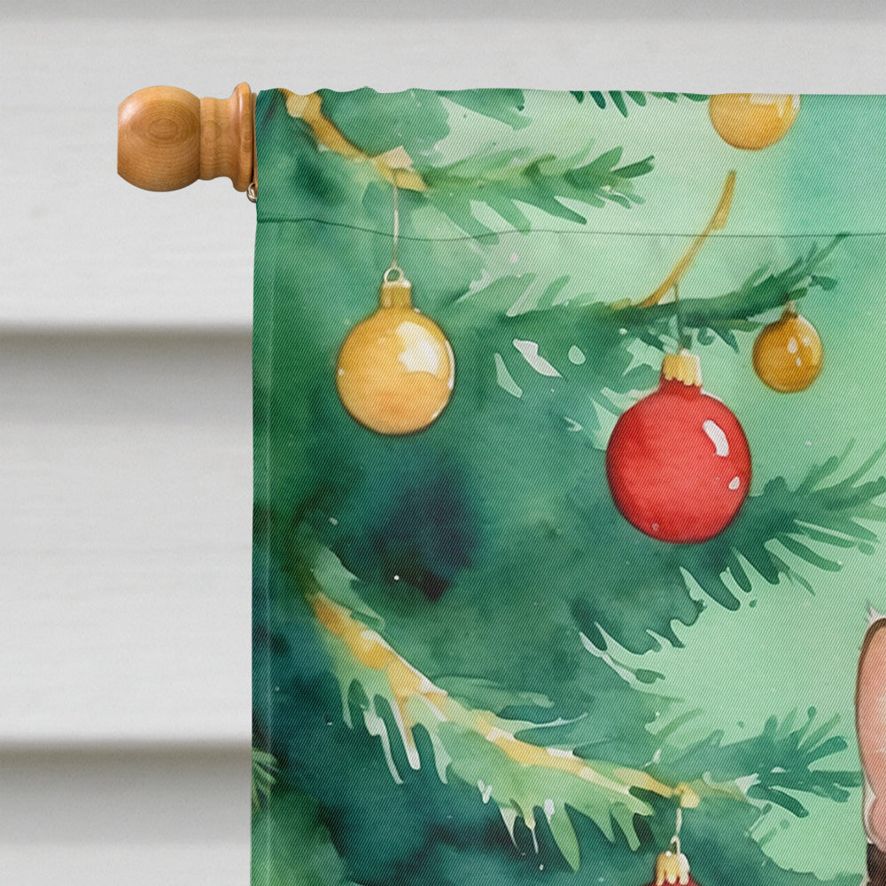 Manx Cat By the Christmas Tree House Flag 28x40 Porch Sleeve Pole Decorative Outside Yard Banner Artwork Wall Hanging, Polyester
