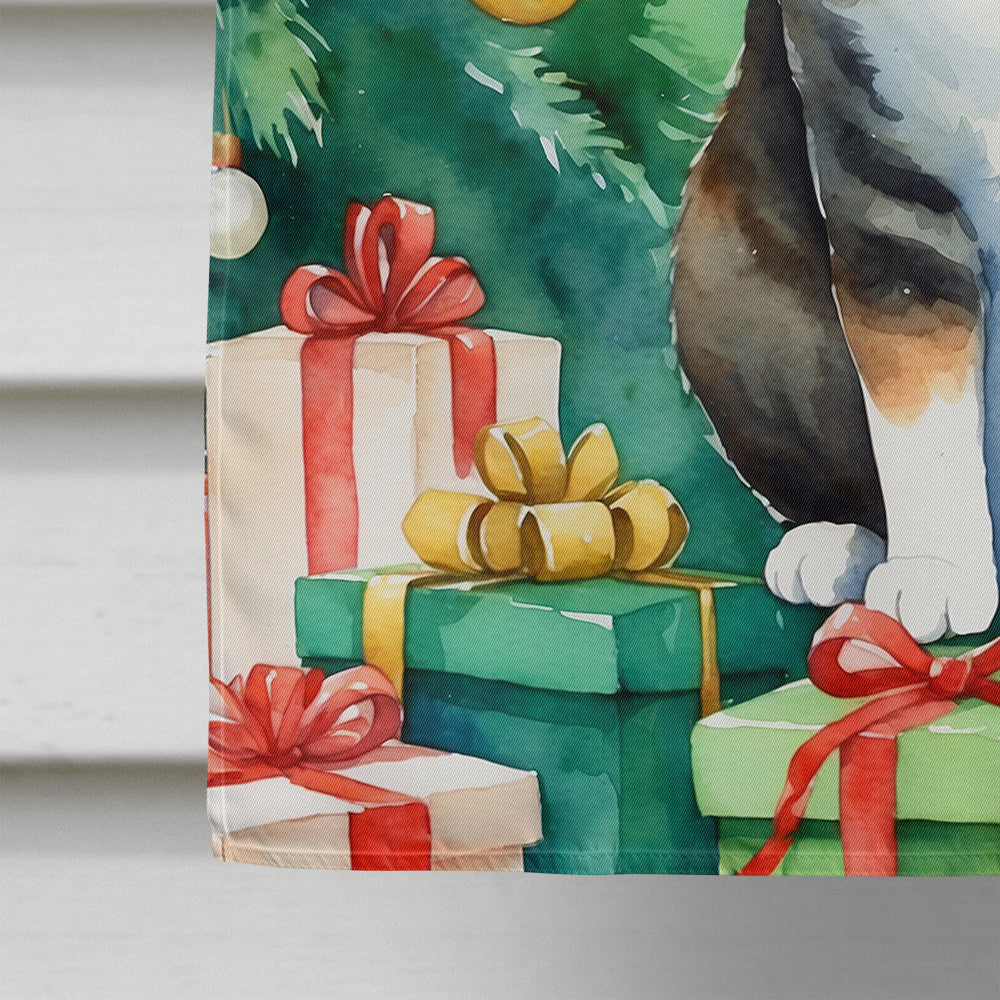 Manx Cat By the Christmas Tree House Flag 28x40 Porch Sleeve Pole Decorative Outside Yard Banner Artwork Wall Hanging, Polyester