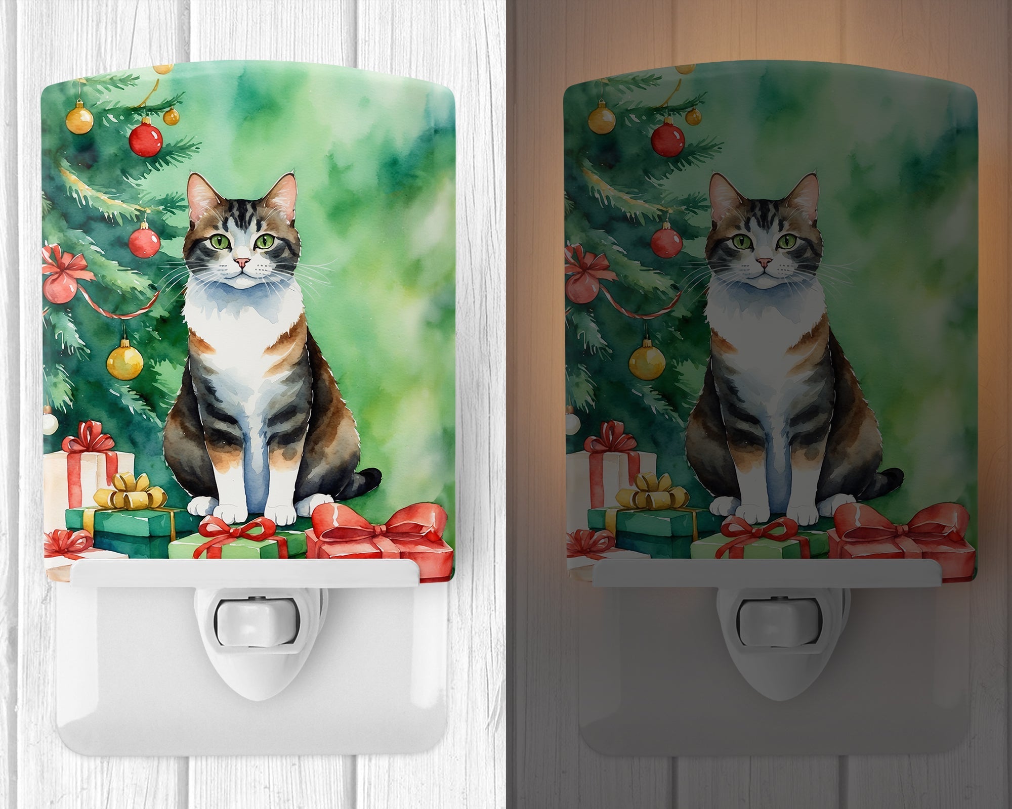 Manx Cat By the Christmas Tree Ceramic Night Light Compact, UL-Certified, Ideal for Bedroom, Bathroom, Nursery, Hallway, Kitchen, 6x4x3, Multicolor