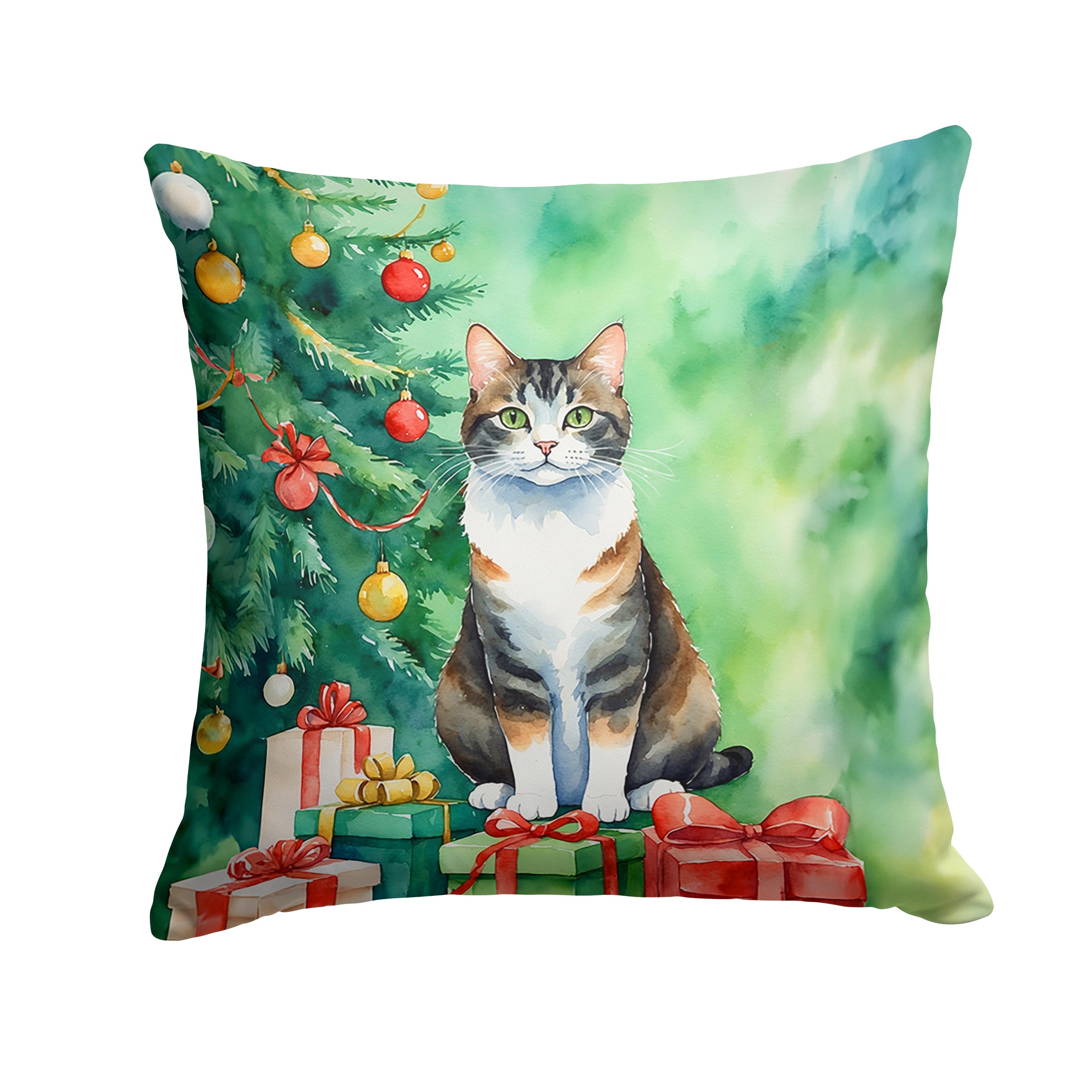 Manx Cat By the Christmas Tree Decorative Throw Pillow 14x14 Indoor Outdoor Accent Cushion, Fabric Cover with Insert for Sofa, Bed, Porch & Living Room