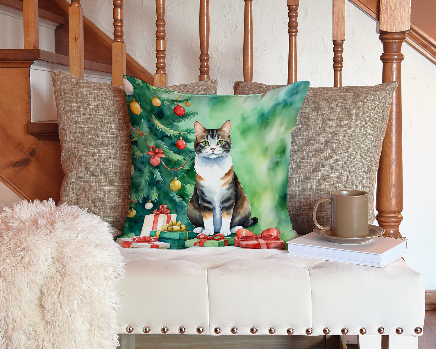 Manx Cat By the Christmas Tree Decorative Throw Pillow 14x14 Indoor Outdoor Accent Cushion, Fabric Cover with Insert for Sofa, Bed, Porch & Living Room