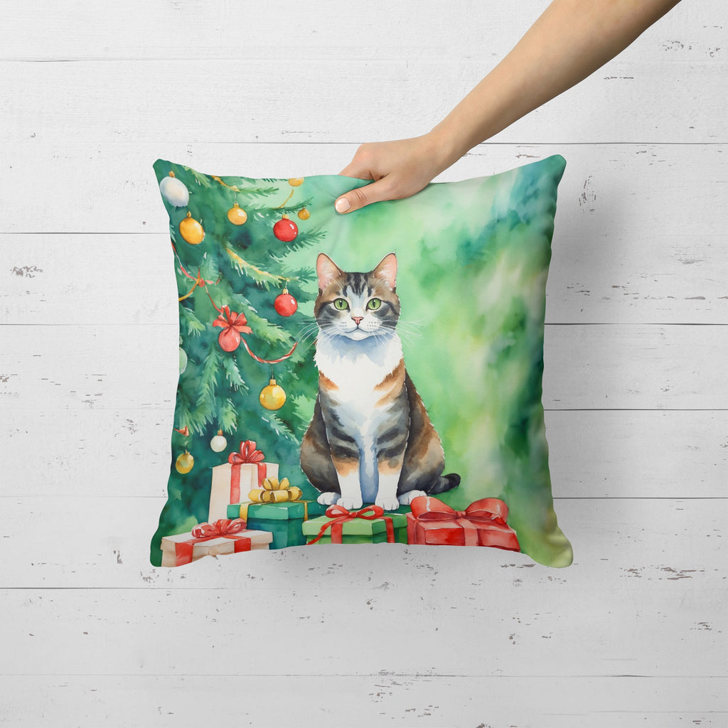 Manx Cat By the Christmas Tree Decorative Throw Pillow 18x18 Indoor Outdoor Accent Cushion, Fabric Cover with Insert for Sofa, Bed, Porch & Living Room