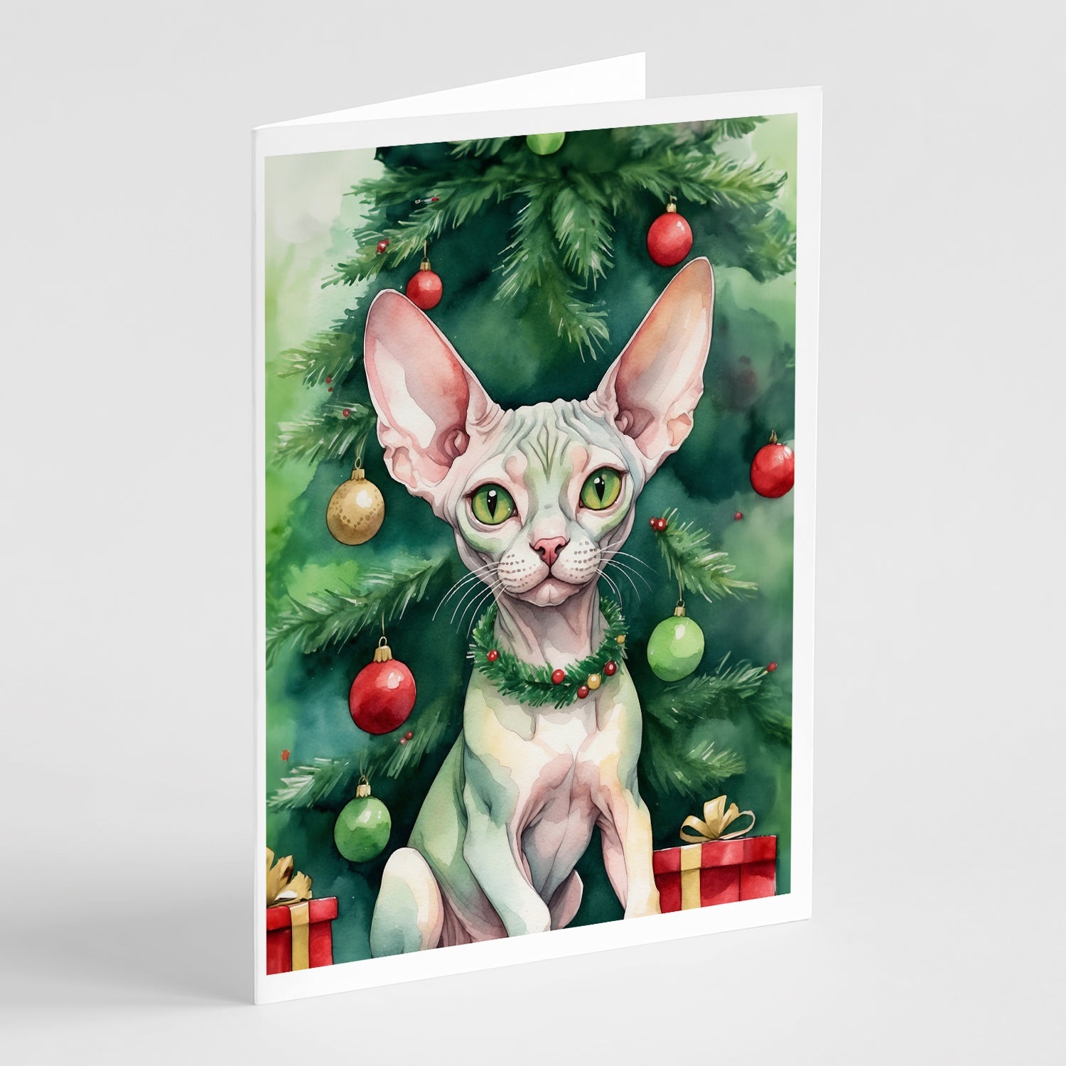 Minskin Cat By the Christmas Tree Greeting Cards Pack of 8 Blank Cards with Envelopes Whimsical A7 Size 5x7