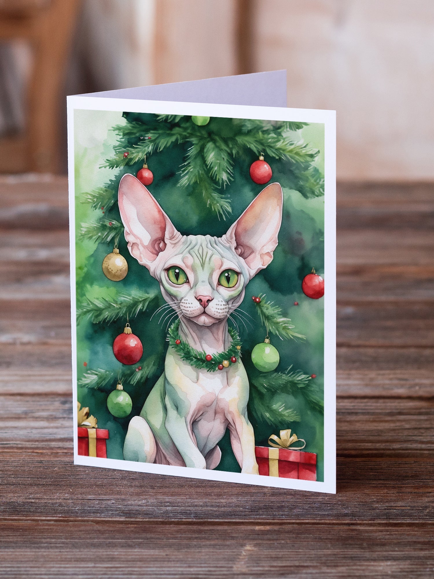 Minskin Cat By the Christmas Tree Greeting Cards Pack of 8 Blank Cards with Envelopes Whimsical A7 Size 5x7