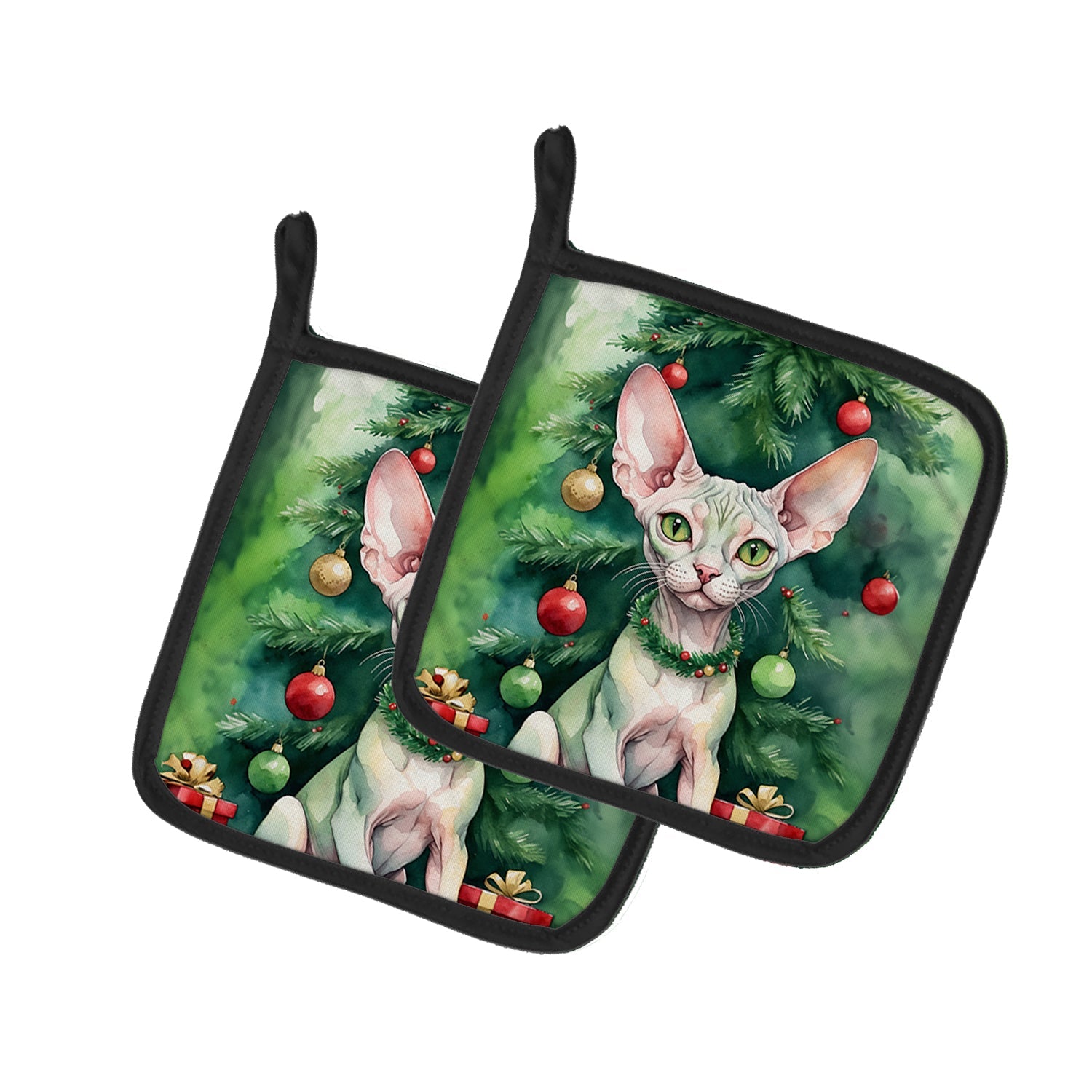 Minskin Cat By the Christmas Tree Pot Holder Set of 2 Heat Resistant Quilted Hot Pads 7.5 x 7.5 Inch, Insulated Kitchen Trivets for Cooking & Baking
