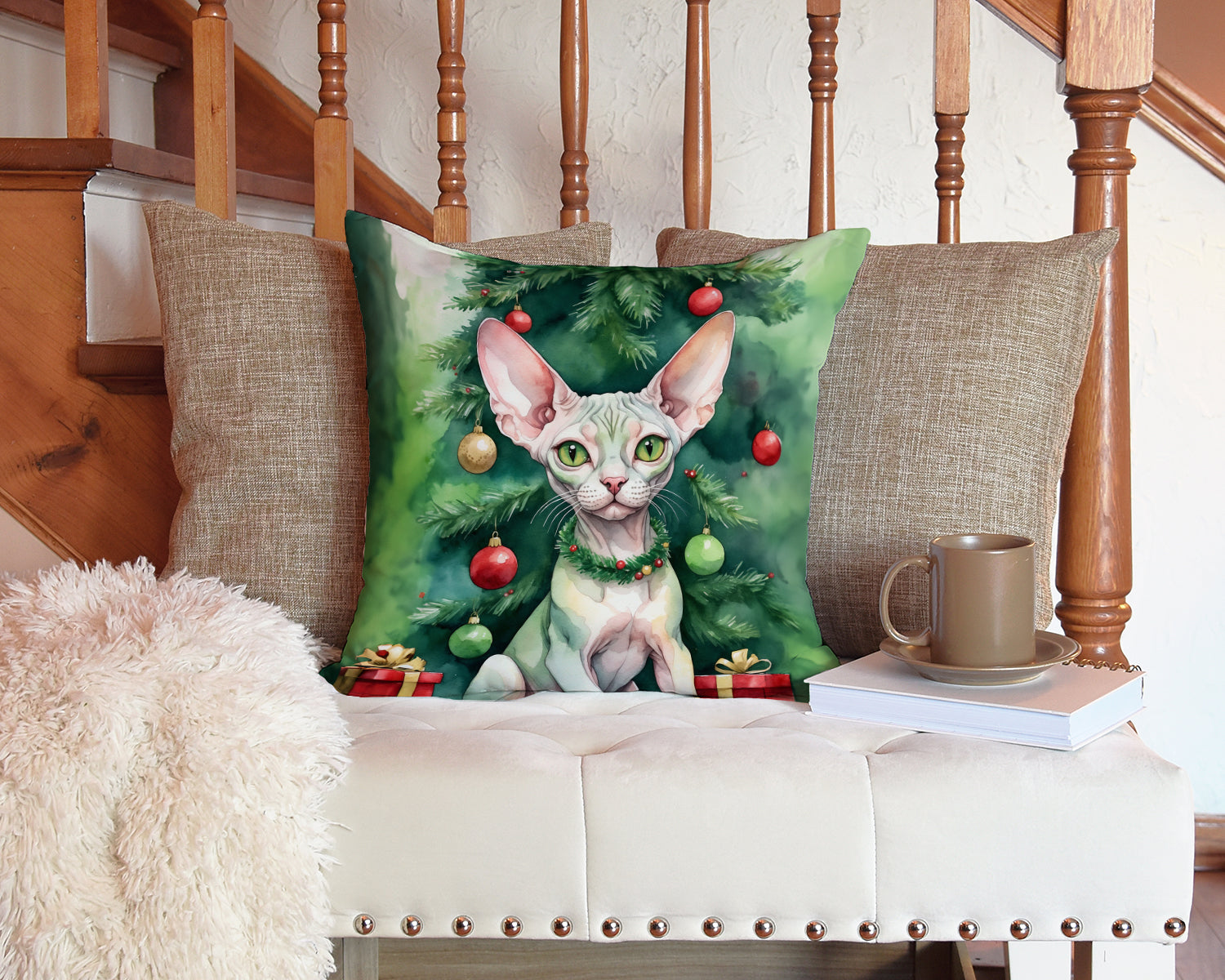 Minskin Cat By the Christmas Tree Decorative Throw Pillow 14x14 Indoor Outdoor Accent Cushion, Fabric Cover with Insert for Sofa, Bed, Porch & Living Room