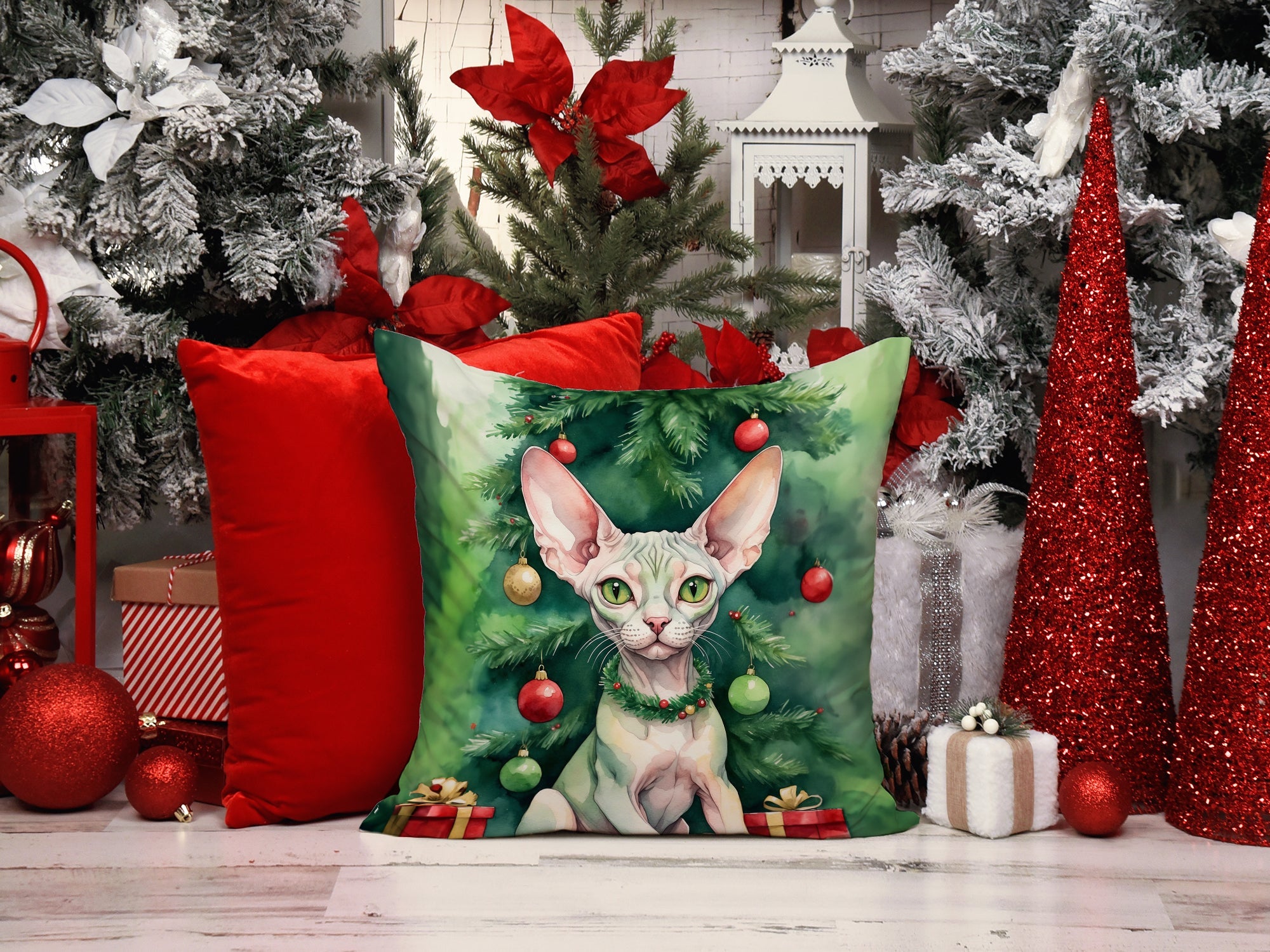 Minskin Cat By the Christmas Tree Decorative Throw Pillow 18x18 Indoor Outdoor Accent Cushion, Fabric Cover with Insert for Sofa, Bed, Porch & Living Room