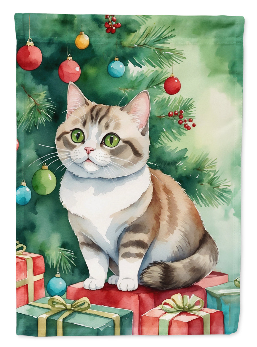 Munchkin Cat By the Christmas Tree House Flag 28x40 Porch Sleeve Pole Decorative Outside Yard Banner Artwork Wall Hanging, Polyester