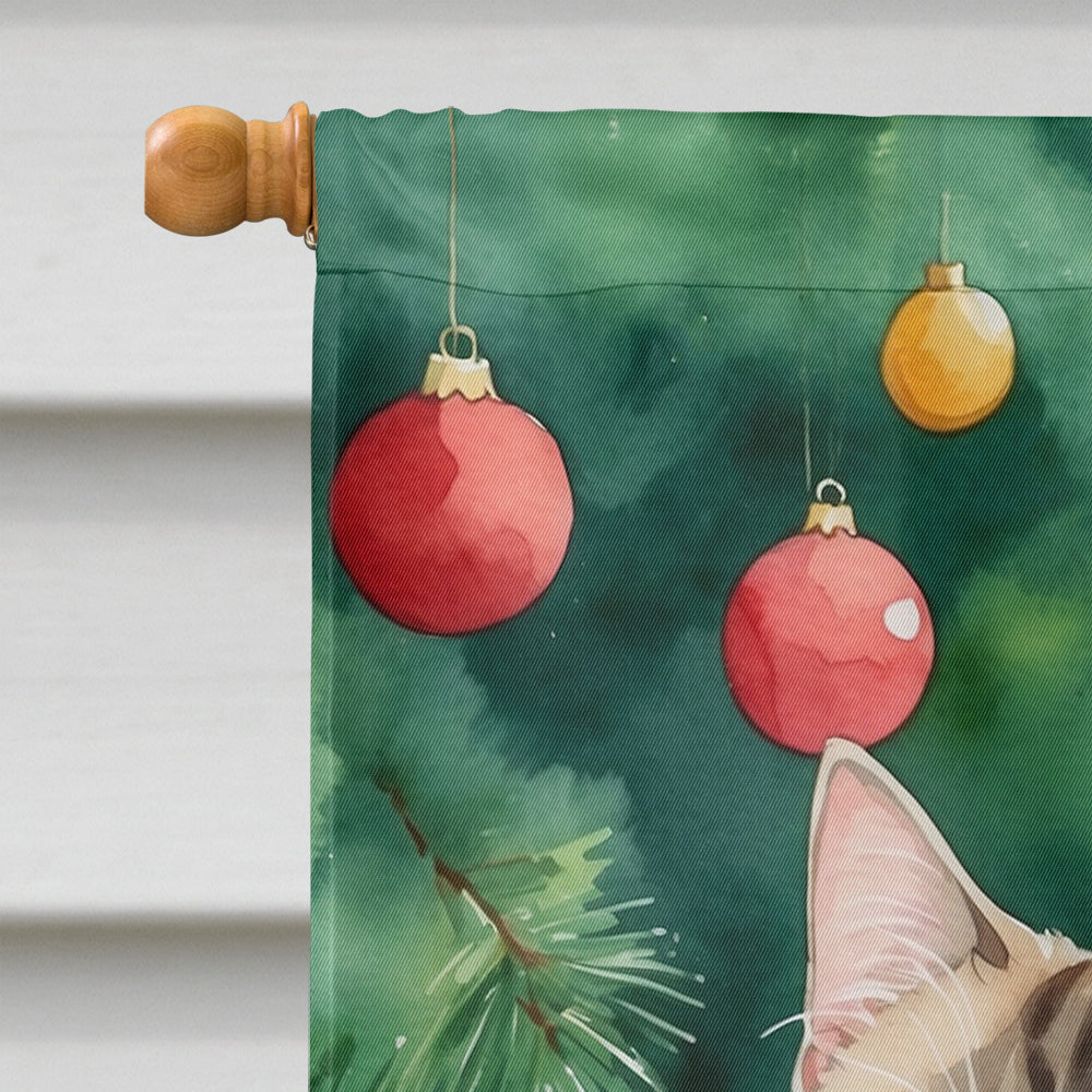 Munchkin Cat By the Christmas Tree House Flag 28x40 Porch Sleeve Pole Decorative Outside Yard Banner Artwork Wall Hanging, Polyester