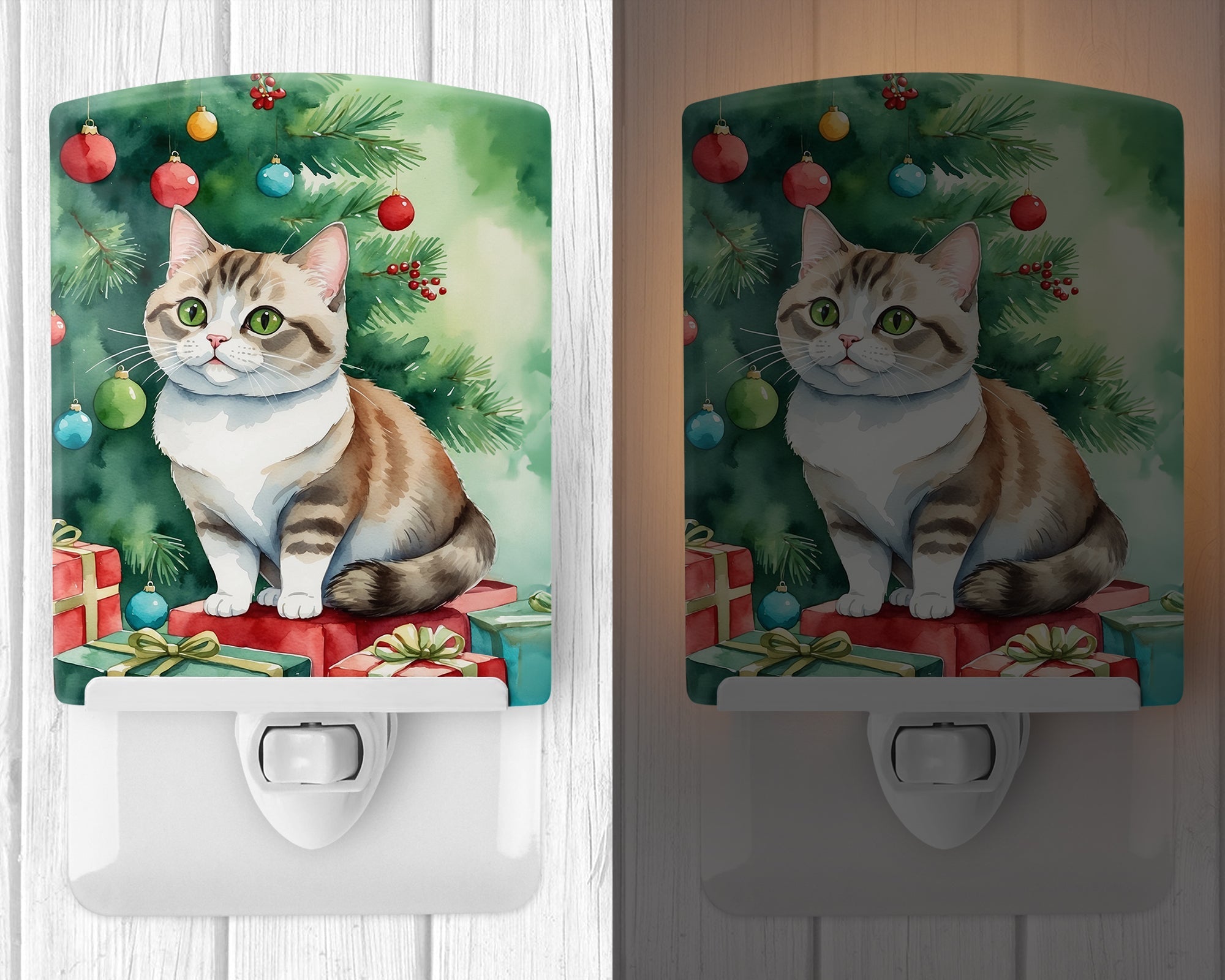 Munchkin Cat By the Christmas Tree Ceramic Night Light Compact, UL-Certified, Ideal for Bedroom, Bathroom, Nursery, Hallway, Kitchen, 6x4x3, Multicolor