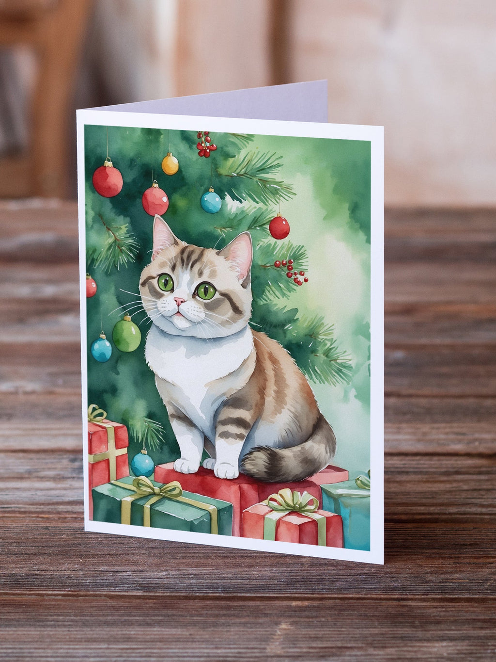 Munchkin Cat By the Christmas Tree Greeting Cards Pack of 8 Blank Cards with Envelopes Whimsical A7 Size 5x7