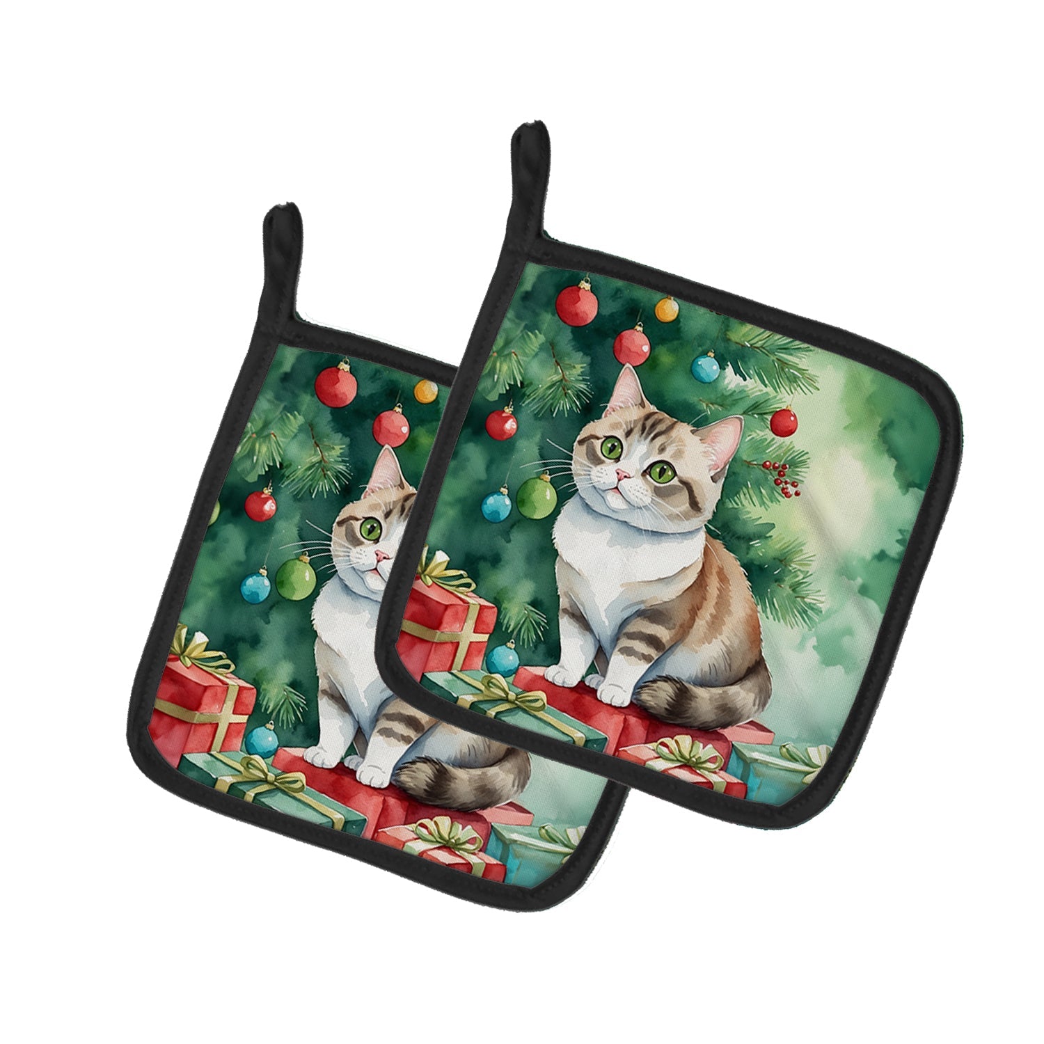 Munchkin Cat By the Christmas Tree Pot Holder Set of 2 Heat Resistant Quilted Hot Pads 7.5 x 7.5 Inch, Insulated Kitchen Trivets for Cooking & Baking