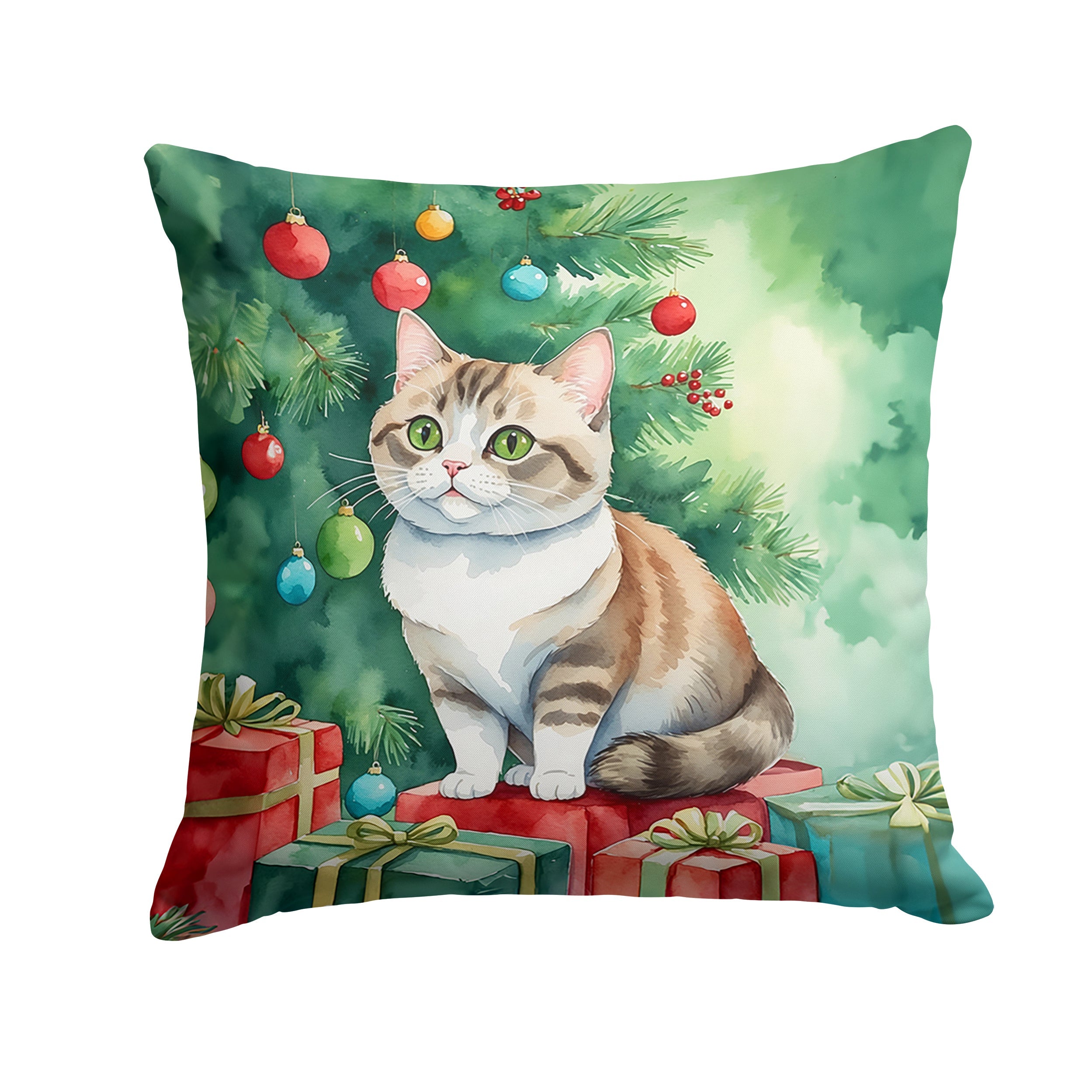 Munchkin Cat By the Christmas Tree Decorative Throw Pillow 14x14 Indoor Outdoor Accent Cushion, Fabric Cover with Insert for Sofa, Bed, Porch & Living Room
