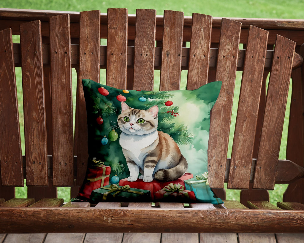 Munchkin Cat By the Christmas Tree Decorative Throw Pillow 14x14 Indoor Outdoor Accent Cushion, Fabric Cover with Insert for Sofa, Bed, Porch & Living Room
