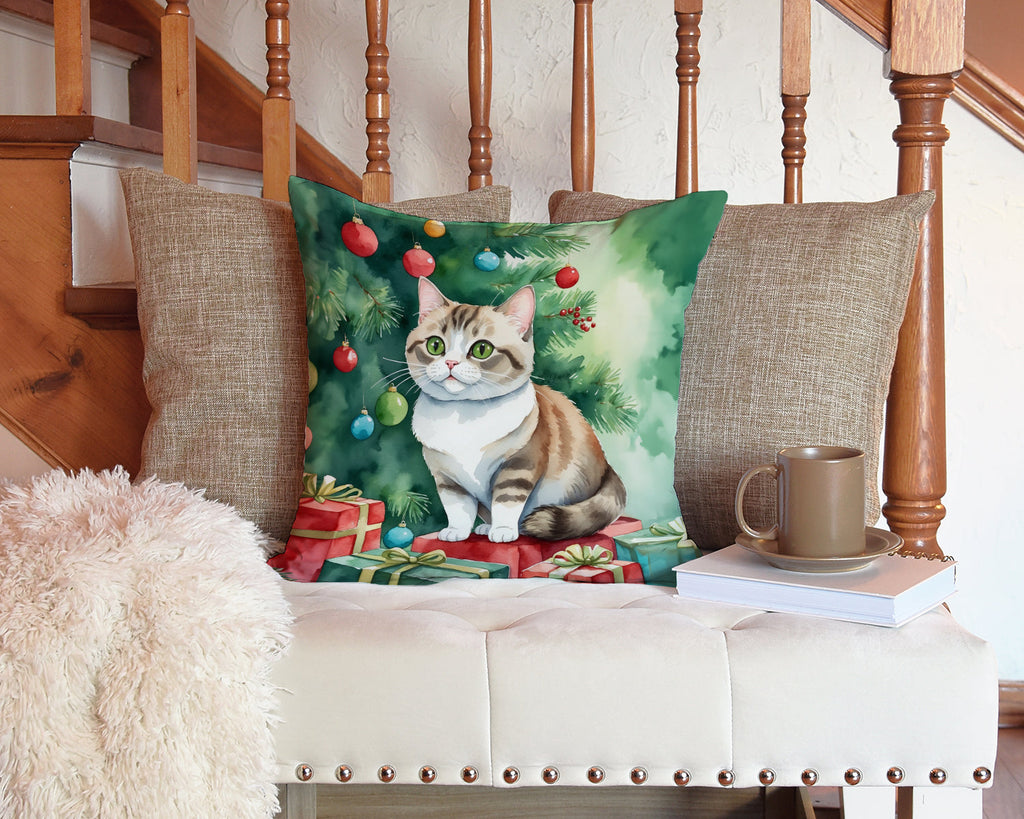 Munchkin Cat By the Christmas Tree Decorative Throw Pillow 14x14 Indoor Outdoor Accent Cushion, Fabric Cover with Insert for Sofa, Bed, Porch & Living Room