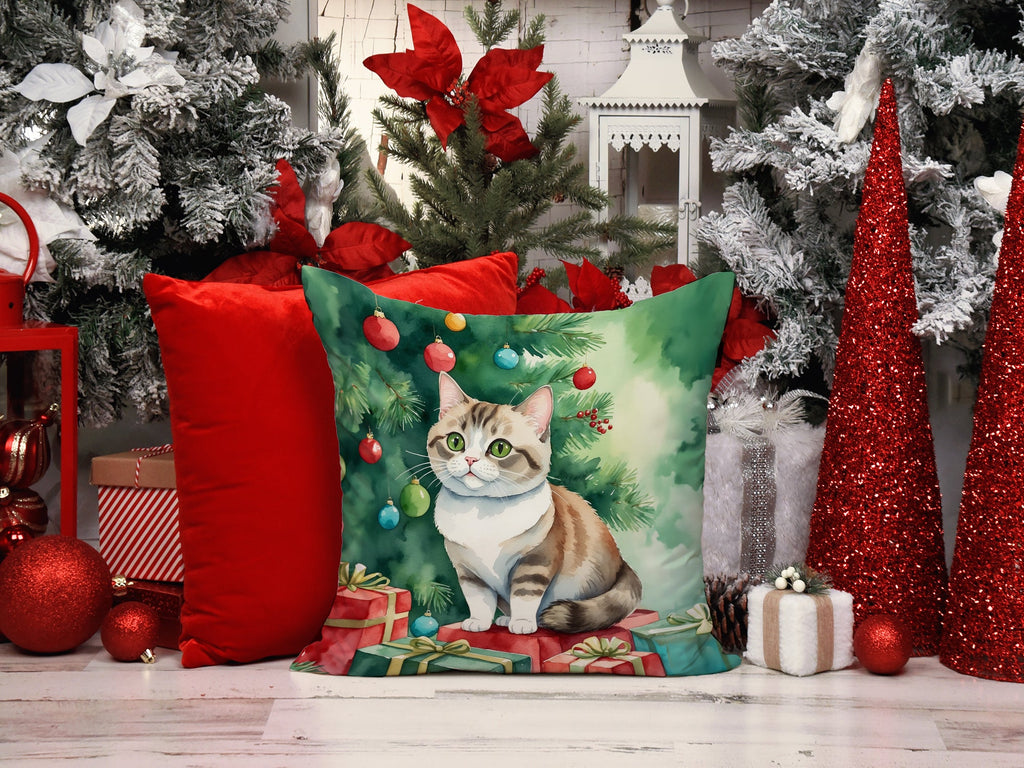 Munchkin Cat By the Christmas Tree Decorative Throw Pillow 18x18 Indoor Outdoor Accent Cushion, Fabric Cover with Insert for Sofa, Bed, Porch & Living Room