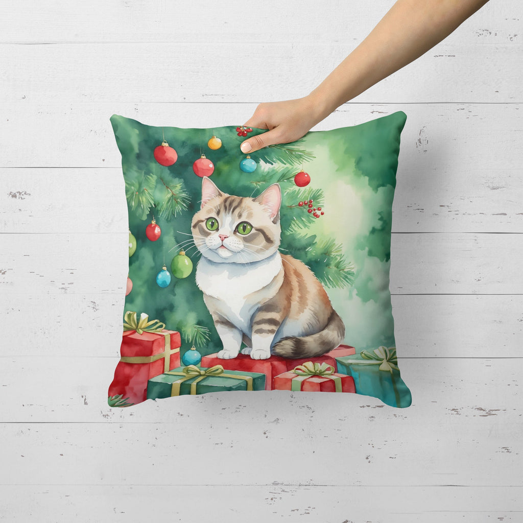 Munchkin Cat By the Christmas Tree Decorative Throw Pillow 18x18 Indoor Outdoor Accent Cushion, Fabric Cover with Insert for Sofa, Bed, Porch & Living Room