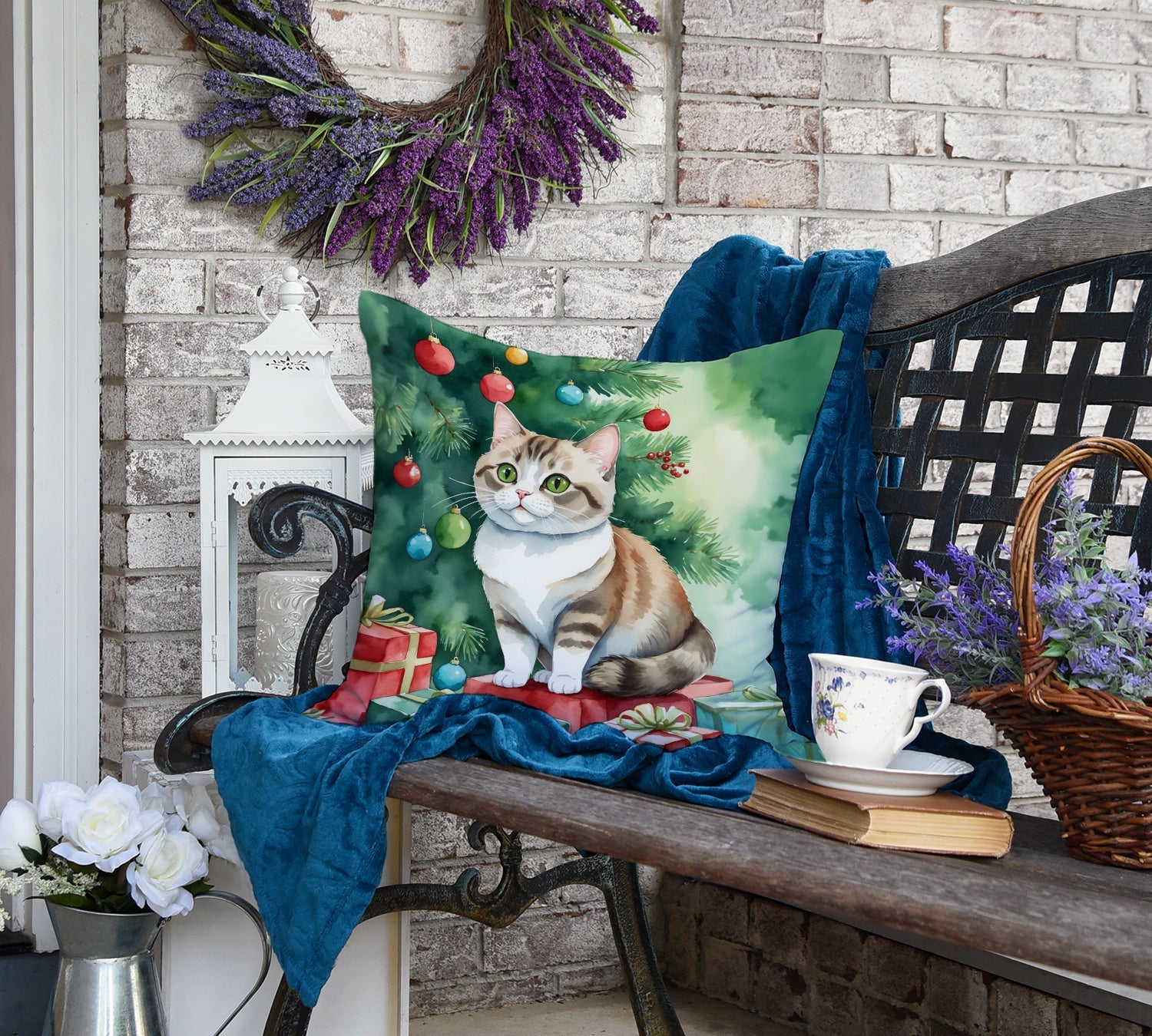 Munchkin Cat By the Christmas Tree Decorative Throw Pillow 18x18 Indoor Outdoor Accent Cushion, Fabric Cover with Insert for Sofa, Bed, Porch & Living Room