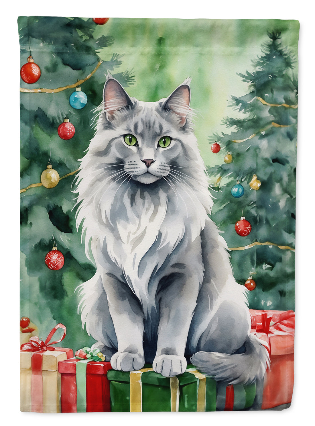Nebelung Cat By the Christmas Tree House Flag 28x40 Porch Sleeve Pole Decorative Outside Yard Banner Artwork Wall Hanging, Polyester