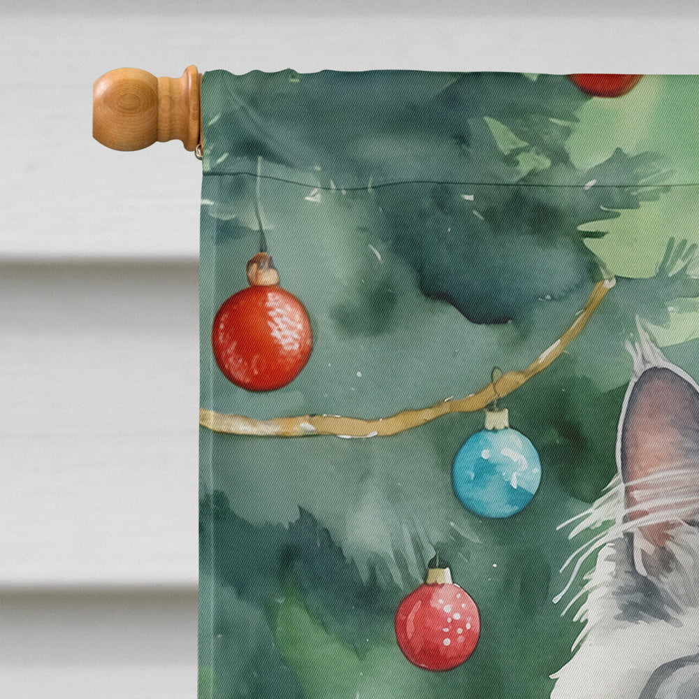 Nebelung Cat By the Christmas Tree House Flag 28x40 Porch Sleeve Pole Decorative Outside Yard Banner Artwork Wall Hanging, Polyester
