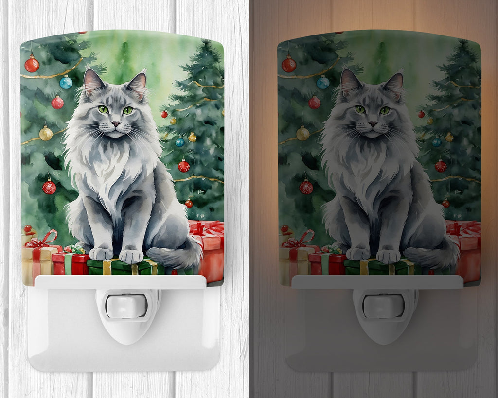 Nebelung Cat By the Christmas Tree Ceramic Night Light Compact, UL-Certified, Ideal for Bedroom, Bathroom, Nursery, Hallway, Kitchen, 6x4x3, Multicolor