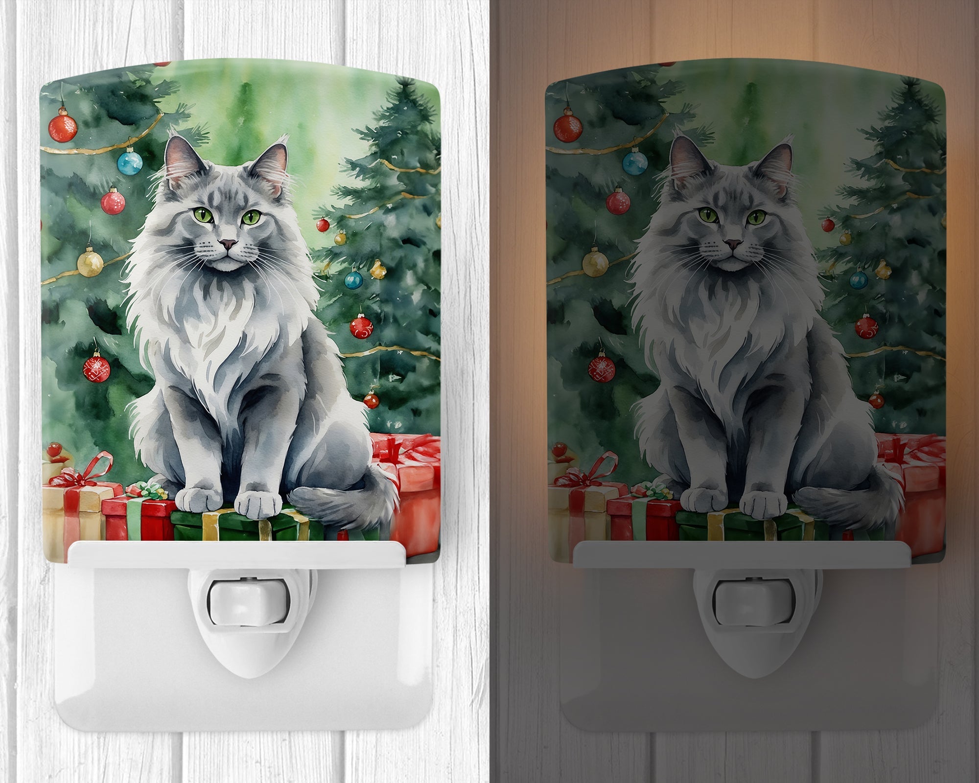 Nebelung Cat By the Christmas Tree Ceramic Night Light Compact, UL-Certified, Ideal for Bedroom, Bathroom, Nursery, Hallway, Kitchen, 6x4x3, Multicolor
