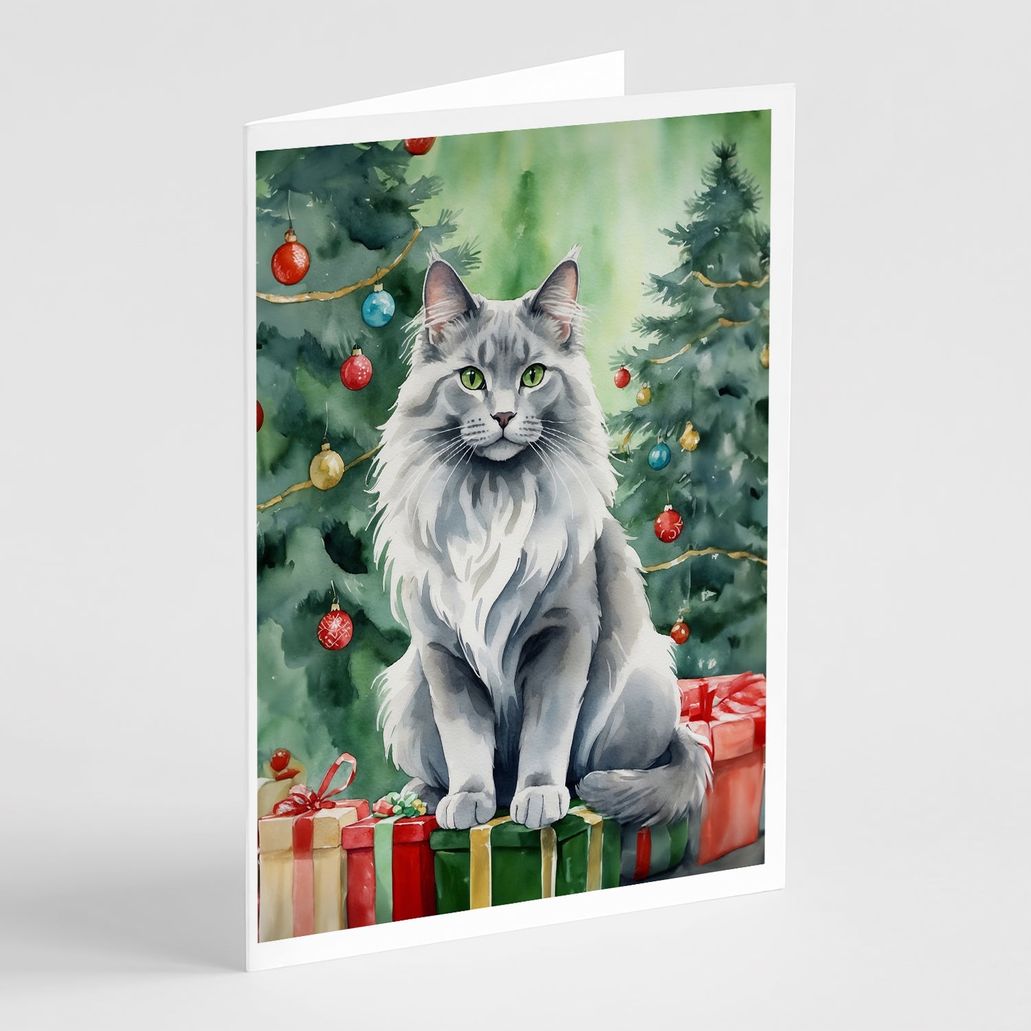 Nebelung Cat By the Christmas Tree Greeting Cards Pack of 8 Blank Cards with Envelopes Whimsical A7 Size 5x7