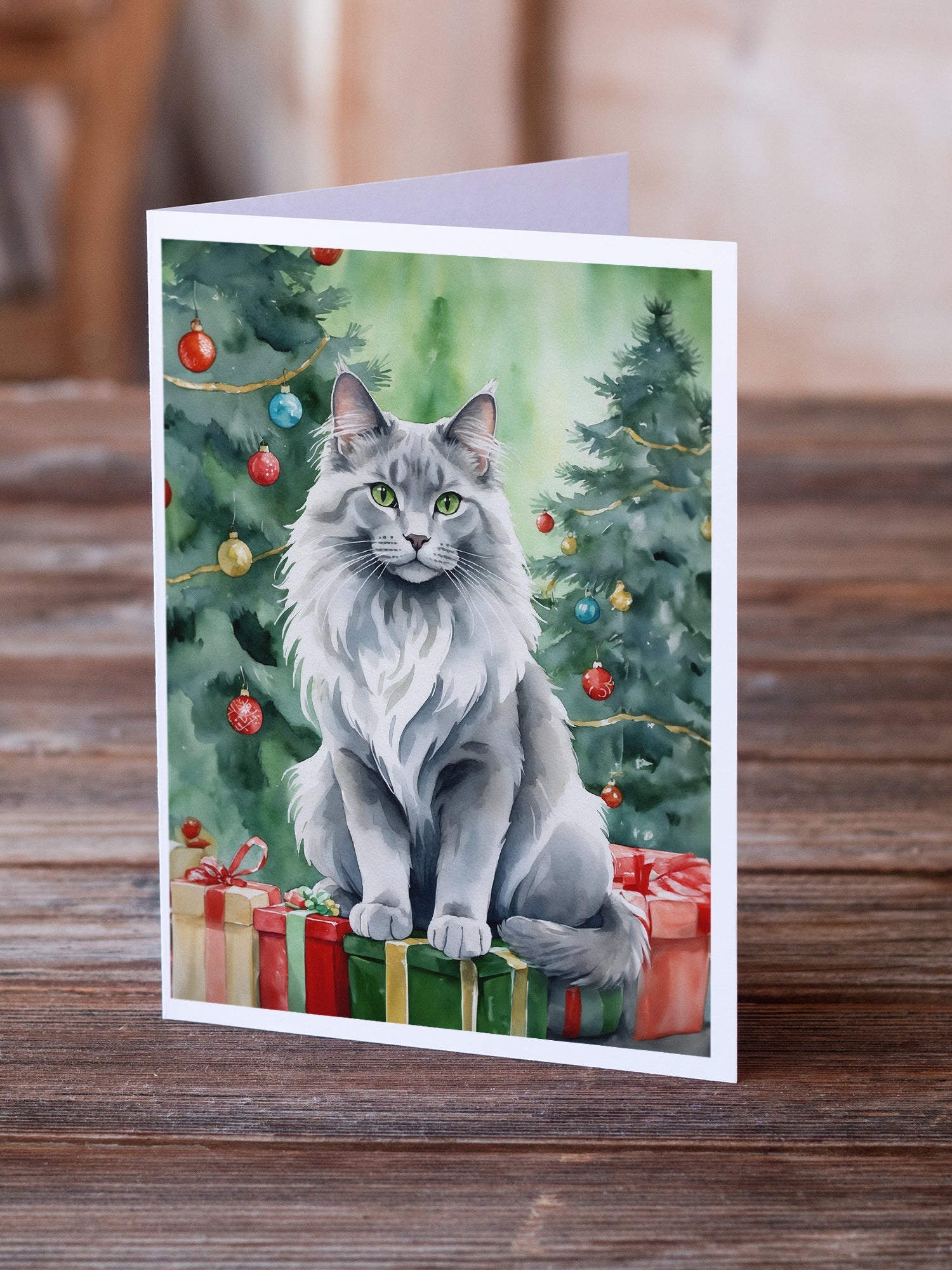 Nebelung Cat By the Christmas Tree Greeting Cards Pack of 8 Blank Cards with Envelopes Whimsical A7 Size 5x7