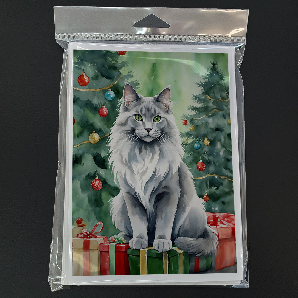 Nebelung Cat By the Christmas Tree Greeting Cards Pack of 8 Blank Cards with Envelopes Whimsical A7 Size 5x7