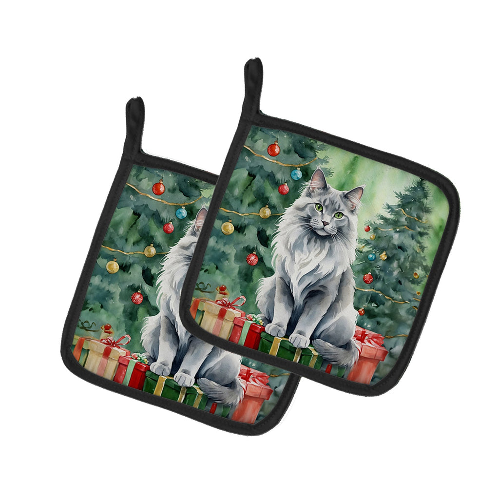 Nebelung Cat By the Christmas Tree Pot Holder Set of 2 Heat Resistant Quilted Hot Pads 7.5 x 7.5 Inch, Insulated Kitchen Trivets for Cooking & Baking
