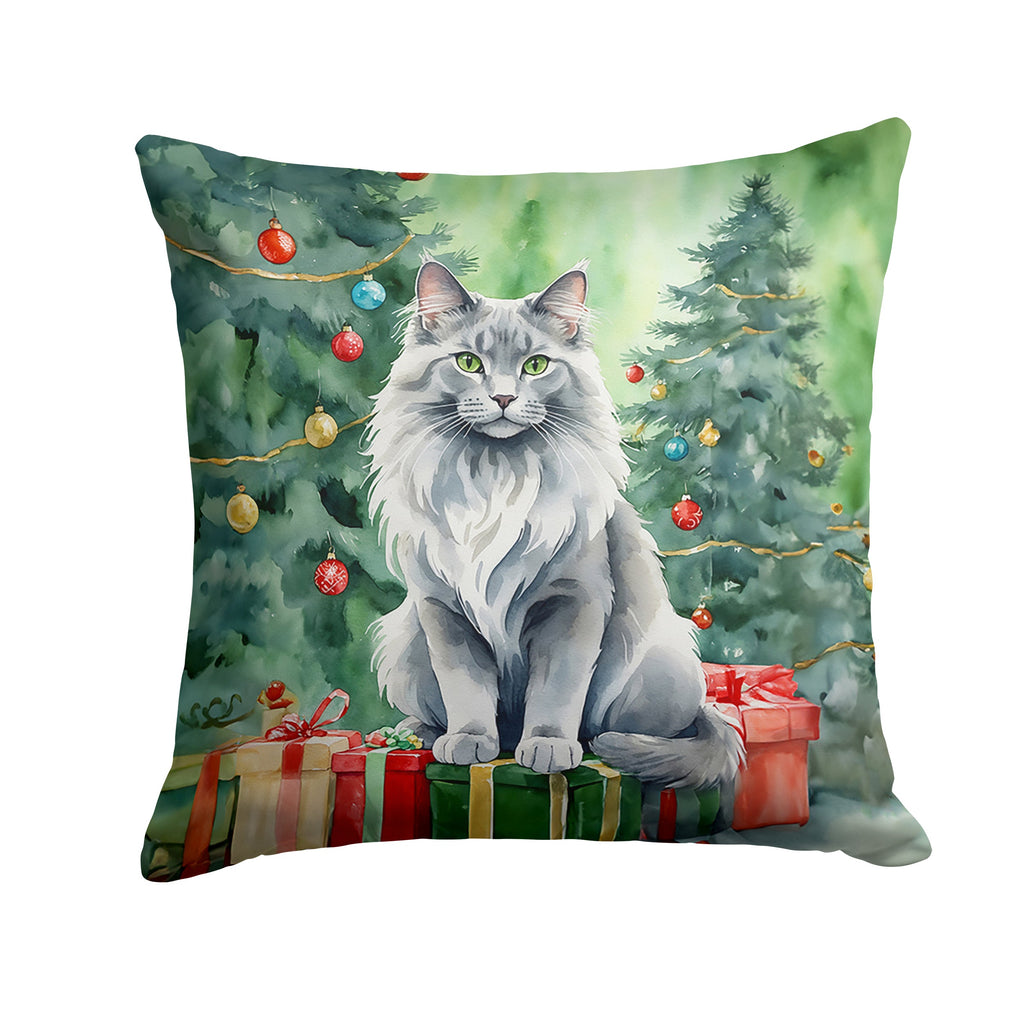 Nebelung Cat By the Christmas Tree Decorative Throw Pillow 14x14 Indoor Outdoor Accent Cushion, Fabric Cover with Insert for Sofa, Bed, Porch & Living Room