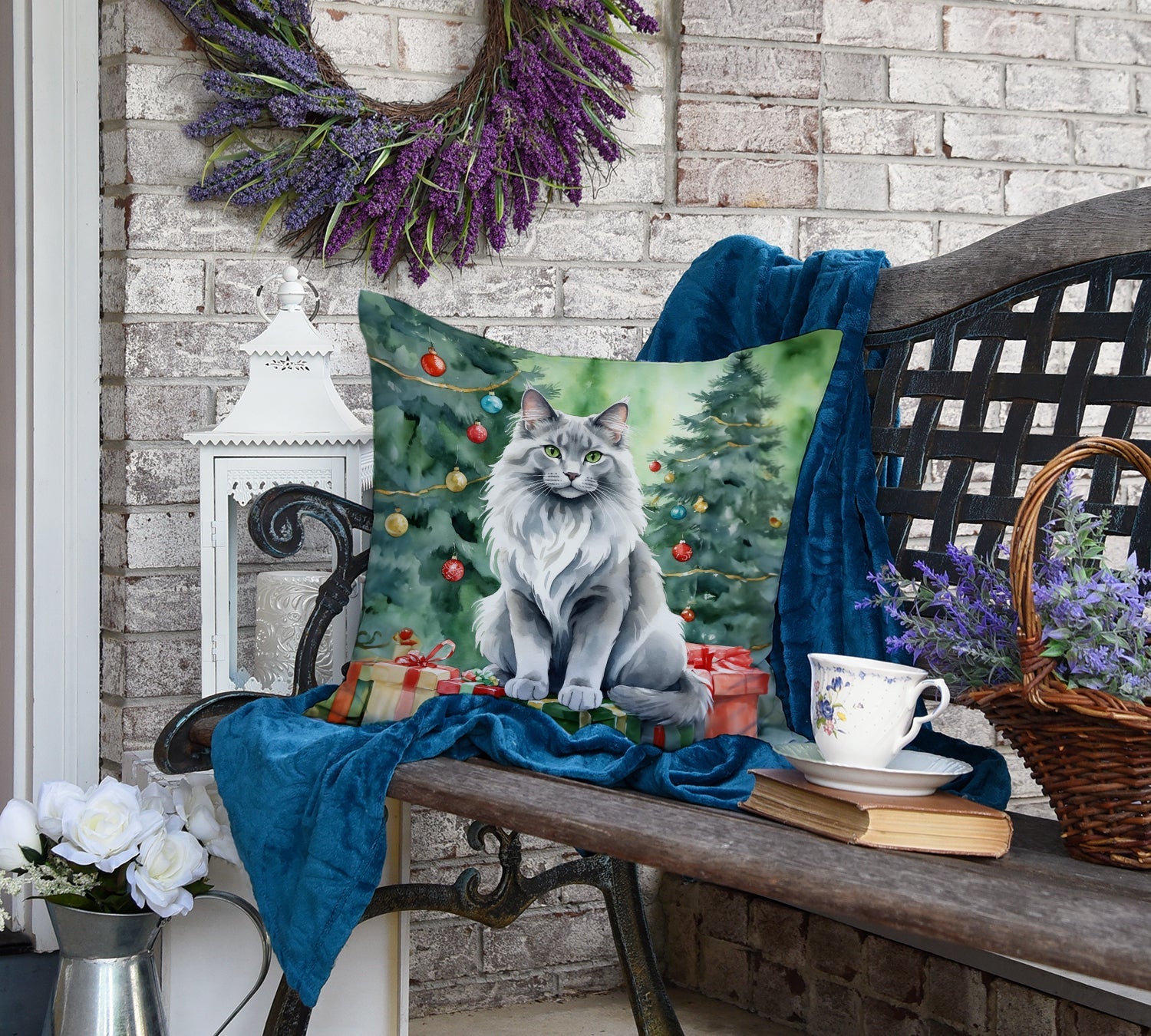 Nebelung Cat By the Christmas Tree Decorative Throw Pillow 18x18 Indoor Outdoor Accent Cushion, Fabric Cover with Insert for Sofa, Bed, Porch & Living Room