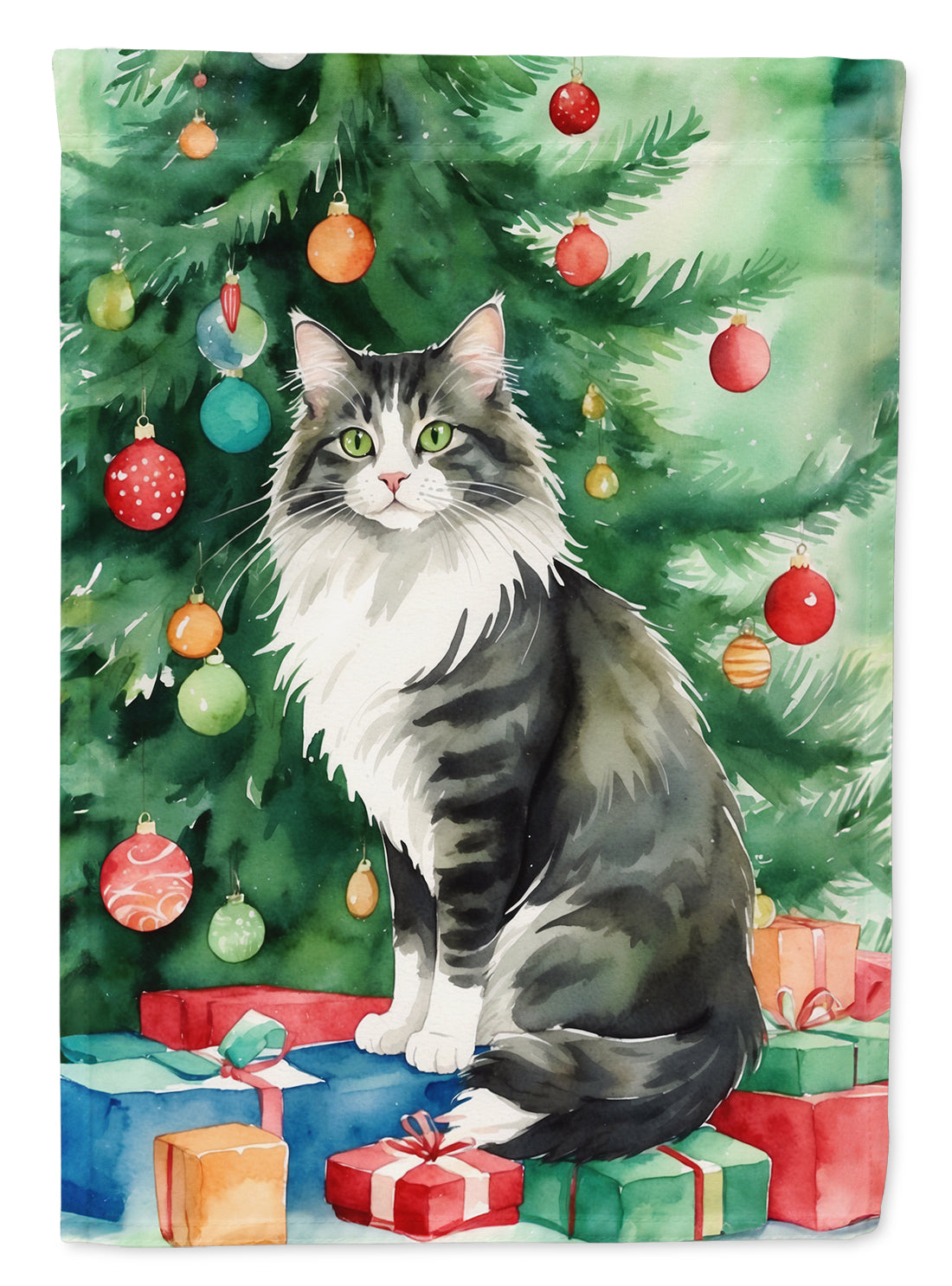 Norwegian Forest Cat By the Christmas Tree House Flag 28x40 Porch Sleeve Pole Decorative Outside Yard Banner Artwork Wall Hanging, Polyester