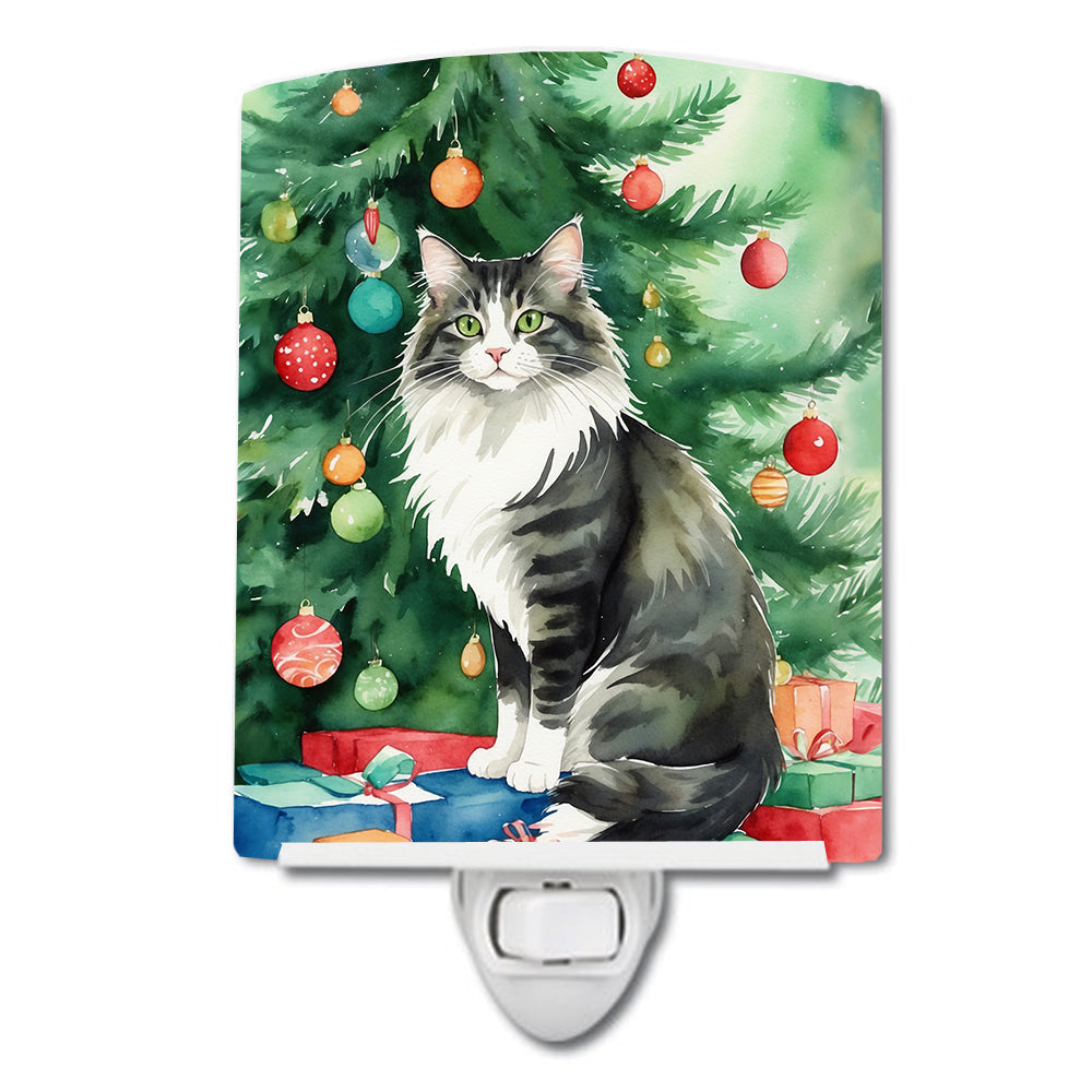 Norwegian Forest Cat By the Christmas Tree Ceramic Night Light Compact, UL-Certified, Ideal for Bedroom, Bathroom, Nursery, Hallway, Kitchen, 6x4x3, Multicolor