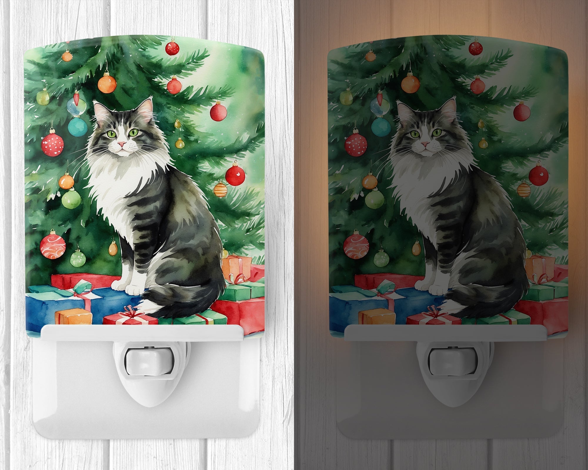 Norwegian Forest Cat By the Christmas Tree Ceramic Night Light Compact, UL-Certified, Ideal for Bedroom, Bathroom, Nursery, Hallway, Kitchen, 6x4x3, Multicolor