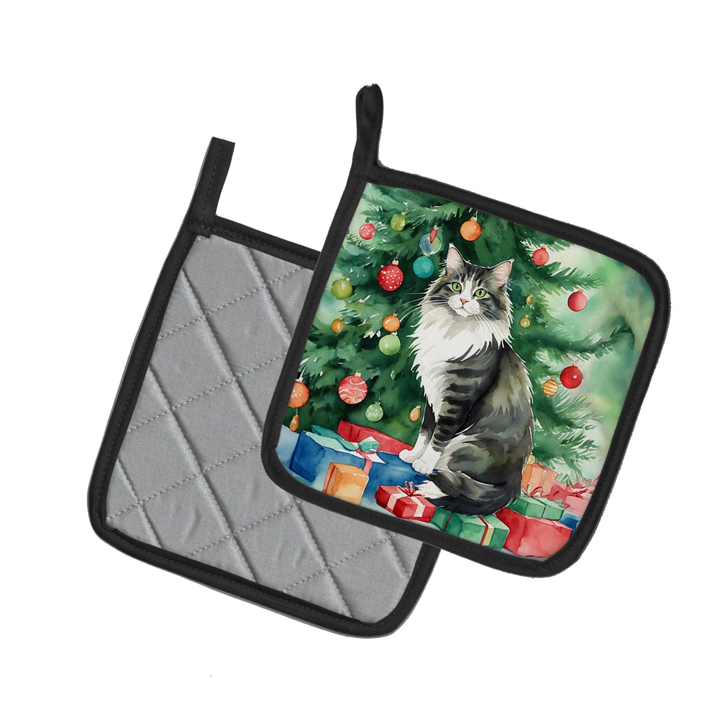 Norwegian Forest Cat By the Christmas Tree Pot Holder Set of 2 Heat Resistant Quilted Hot Pads 7.5 x 7.5 Inch, Insulated Kitchen Trivets for Cooking & Baking