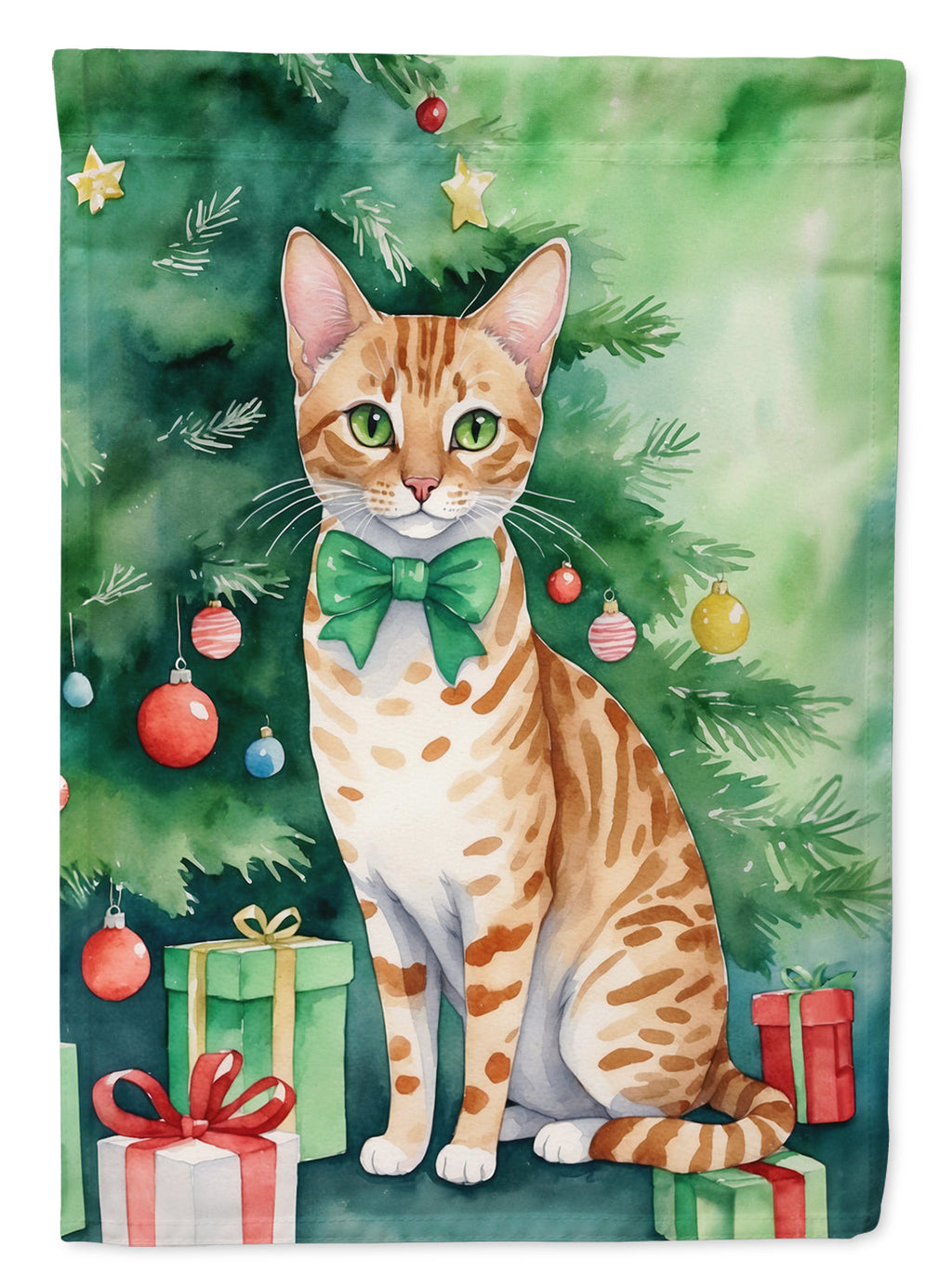 Ocicat Cat By the Christmas Tree House Flag 28x40 Porch Sleeve Pole Decorative Outside Yard Banner Artwork Wall Hanging, Polyester