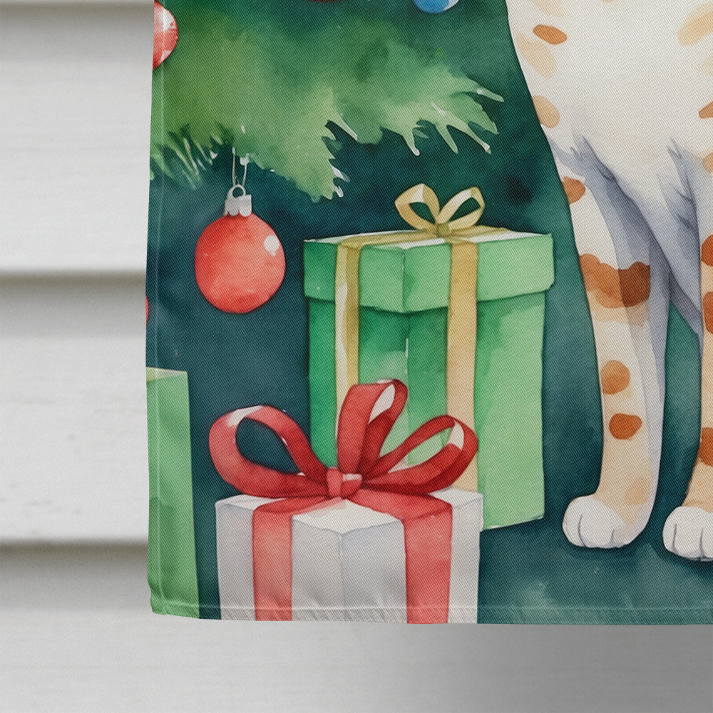 Ocicat Cat By the Christmas Tree House Flag 28x40 Porch Sleeve Pole Decorative Outside Yard Banner Artwork Wall Hanging, Polyester