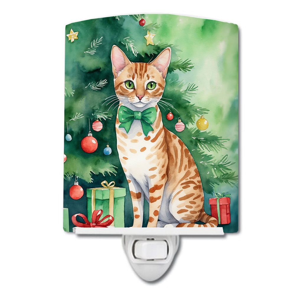 Ocicat Cat By the Christmas Tree Ceramic Night Light Compact, UL-Certified, Ideal for Bedroom, Bathroom, Nursery, Hallway, Kitchen, 6x4x3, Multicolor