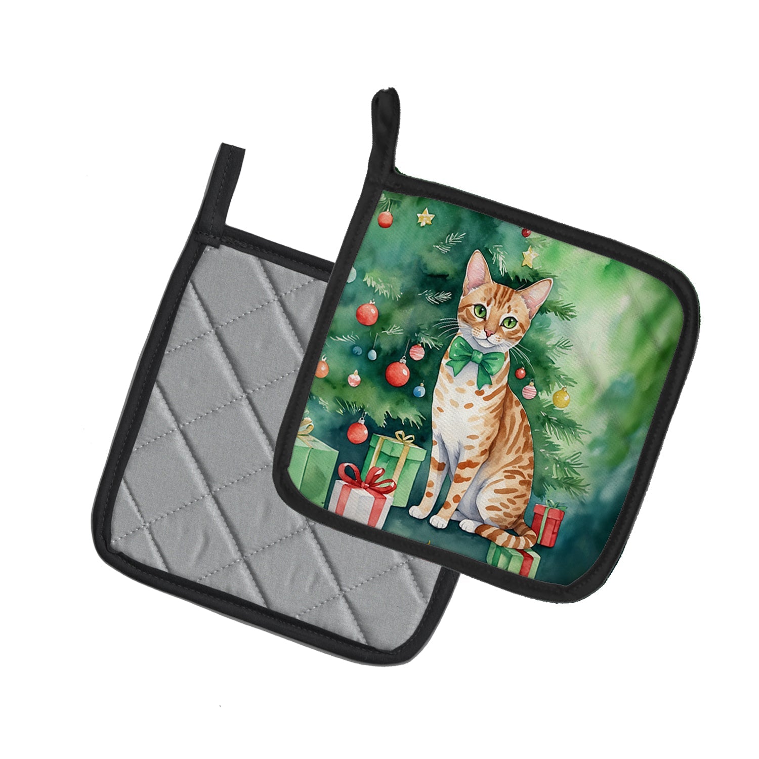 Ocicat Cat By the Christmas Tree Pot Holder Set of 2 Heat Resistant Quilted Hot Pads 7.5 x 7.5 Inch, Insulated Kitchen Trivets for Cooking & Baking