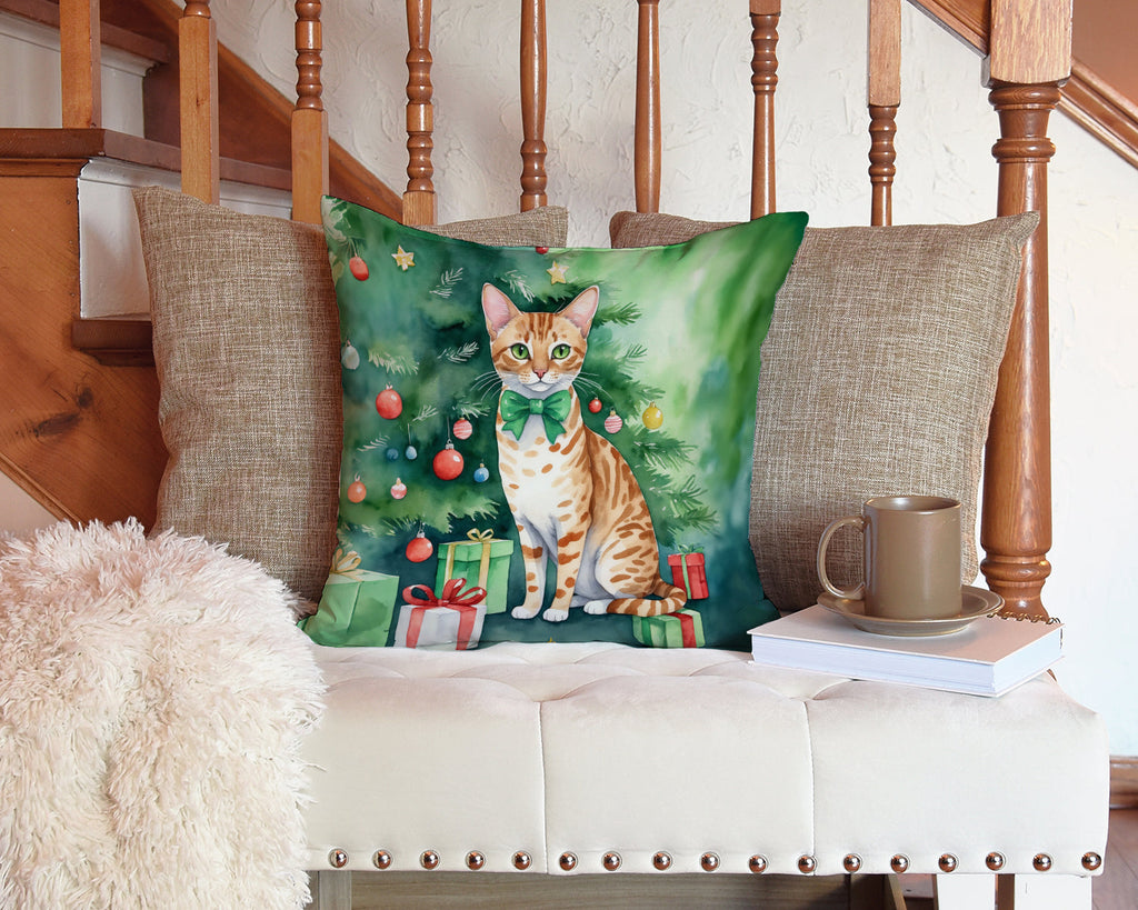 Ocicat Cat By the Christmas Tree Decorative Throw Pillow 14x14 Indoor Outdoor Accent Cushion, Fabric Cover with Insert for Sofa, Bed, Porch & Living Room
