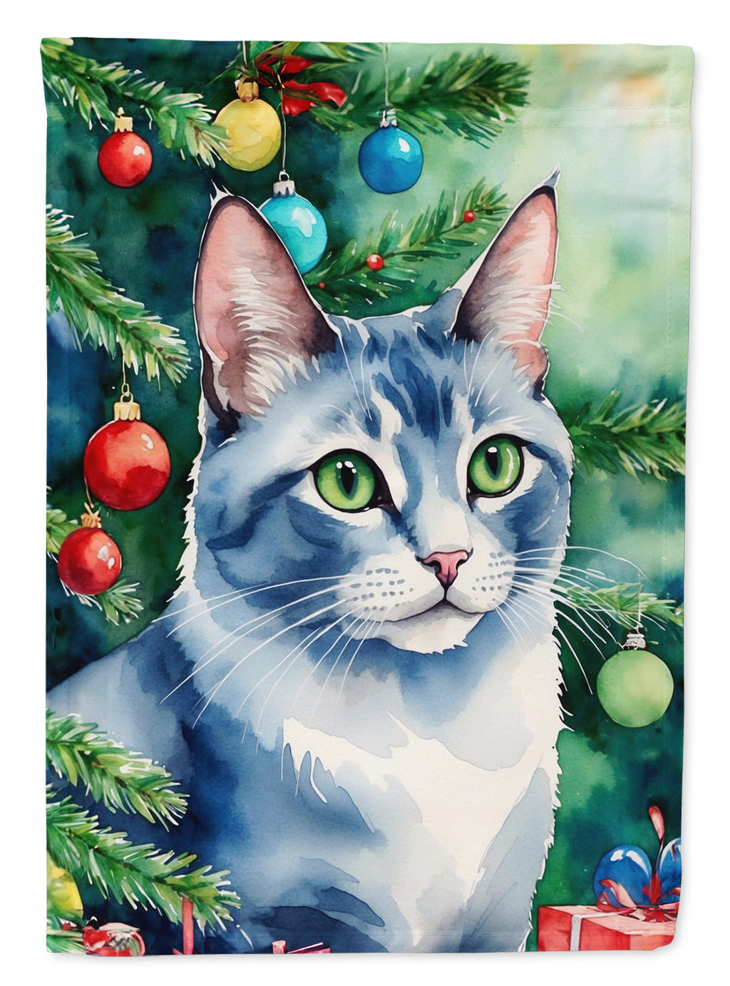Ojos Azules Cat By the Christmas Tree House Flag 28x40 Porch Sleeve Pole Decorative Outside Yard Banner Artwork Wall Hanging, Polyester
